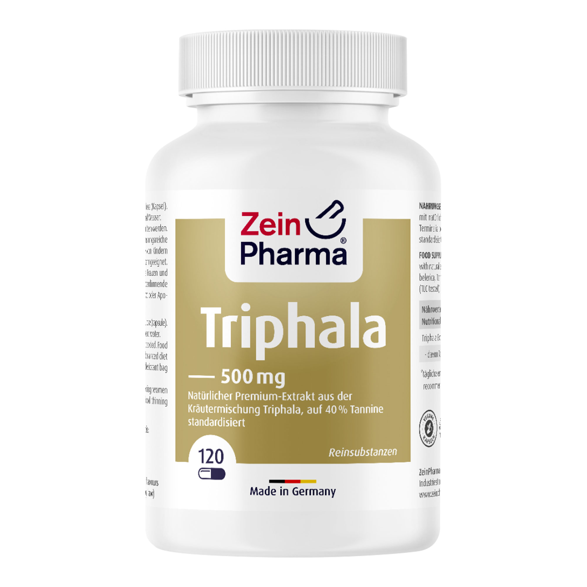Nahrungsergänzungsmittel mit natürlichem Extrakt aus Triphala auf 40 % Tannine standardisiert (TLC-geprüft).