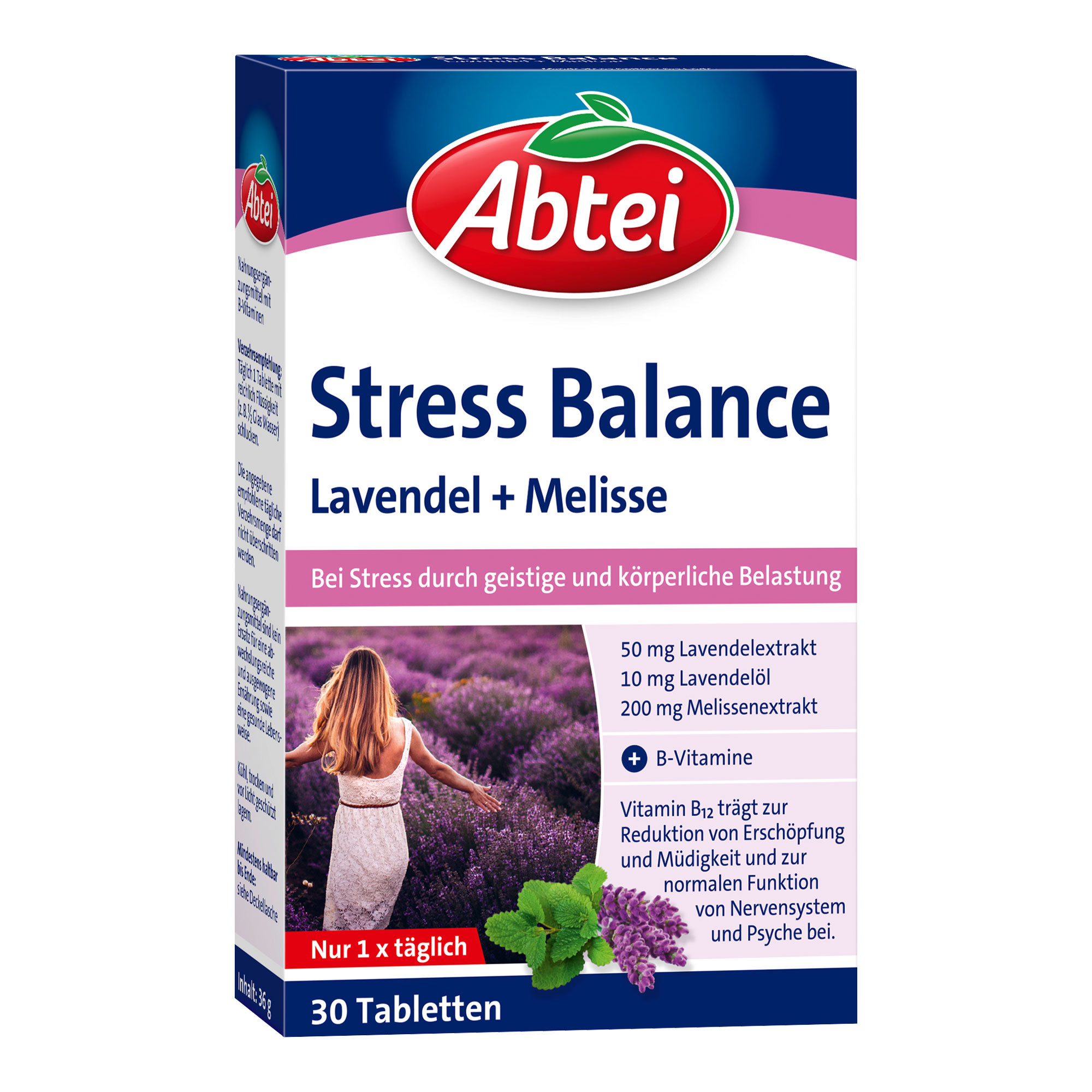 Nahrungsergänzungsmittel mit Lavendel, Melisse und B-Vitaminen. Titandioxidfrei.