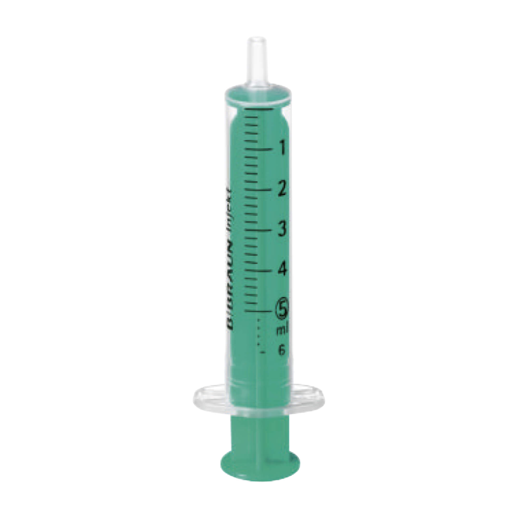 Hochtransparenter Zylinder mit grüner Kolbenstange und schwarzer Graduierung für ideale Ablesbarkeit, wischfest. 5 ml Spritze.