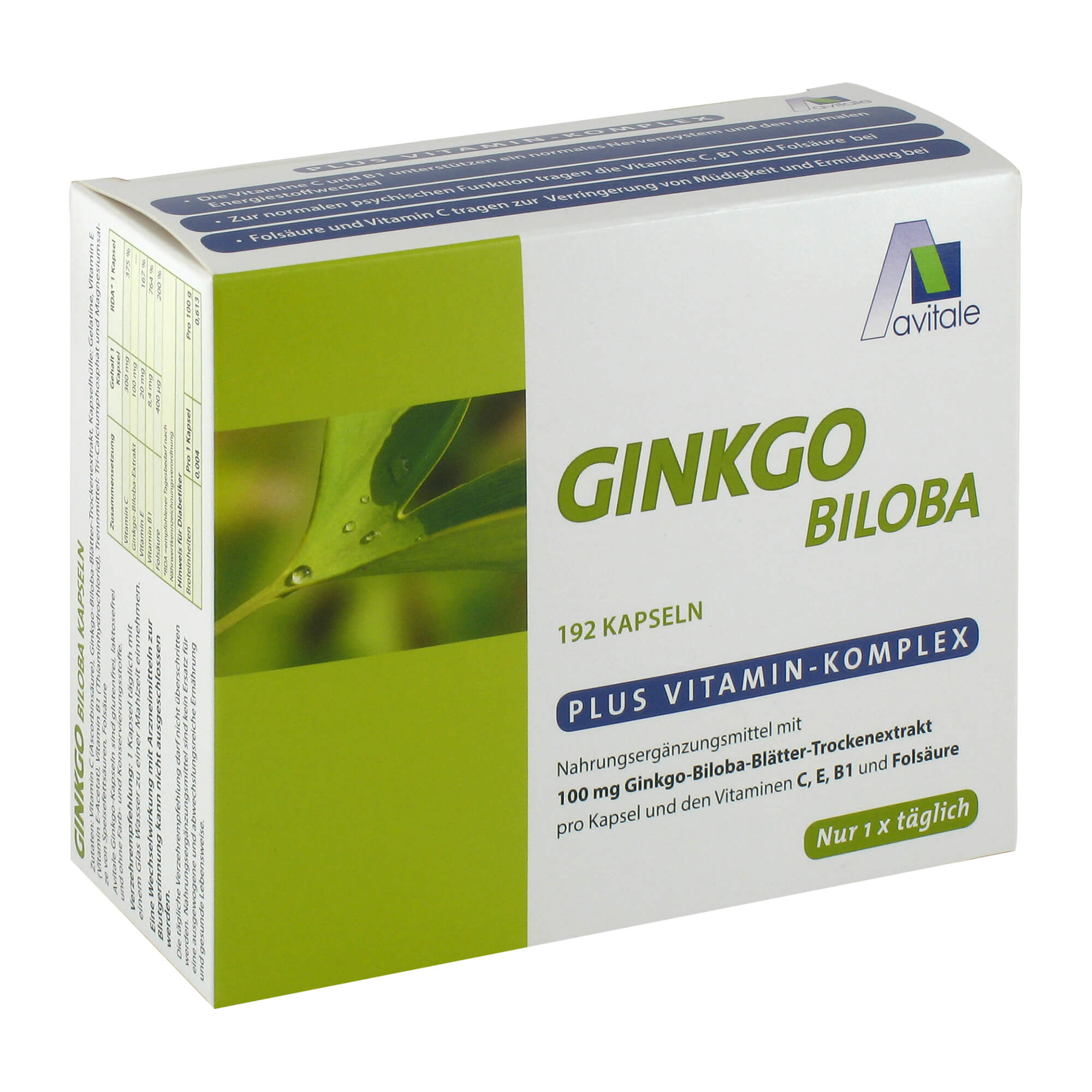 Nahrungsergänzungsmittel mit 100 mg Ginkgo-Biloba-Blätter-Trockenextrakt und den Vitaminen C, E, B1 und Folsäure.