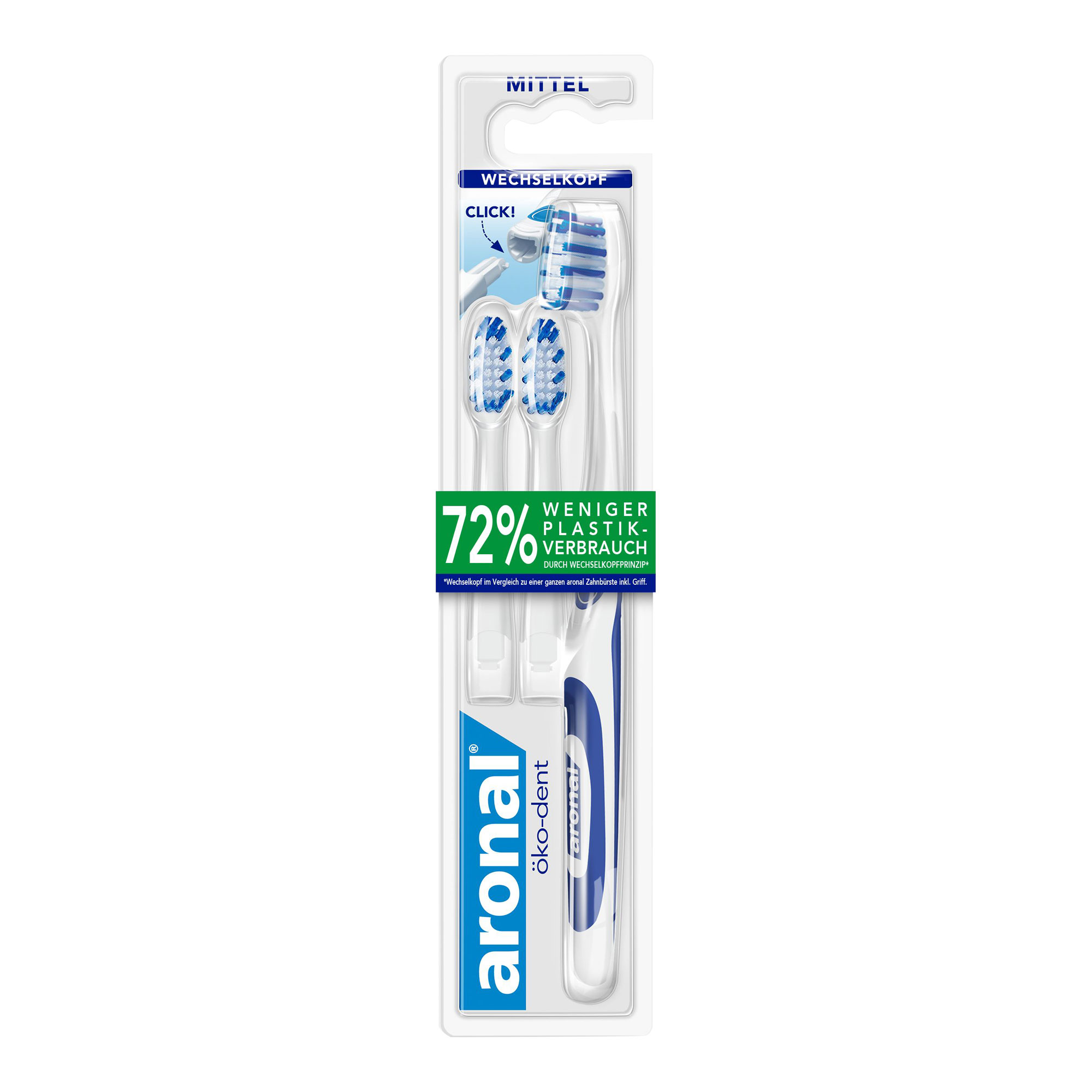 Zahnbürste mit abgerundeten, mittelharten Borsten und Wechselkopf-Prinzip für mehr Komfort und Hygiene.