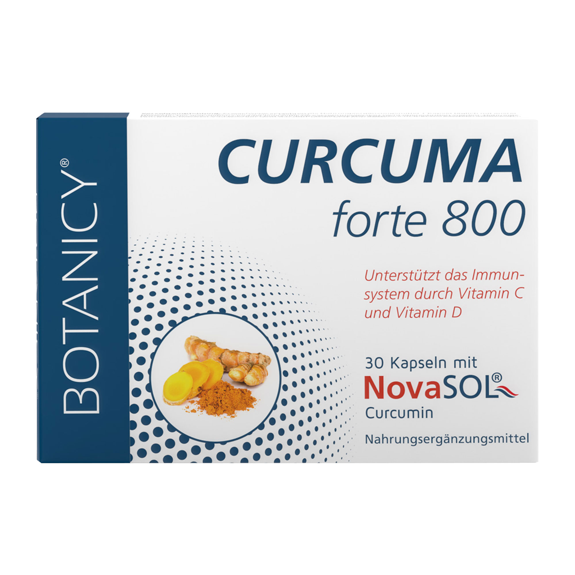 Nahrungsergänzungsmittel mit Curcuma-Extrakt und Vitaminen.