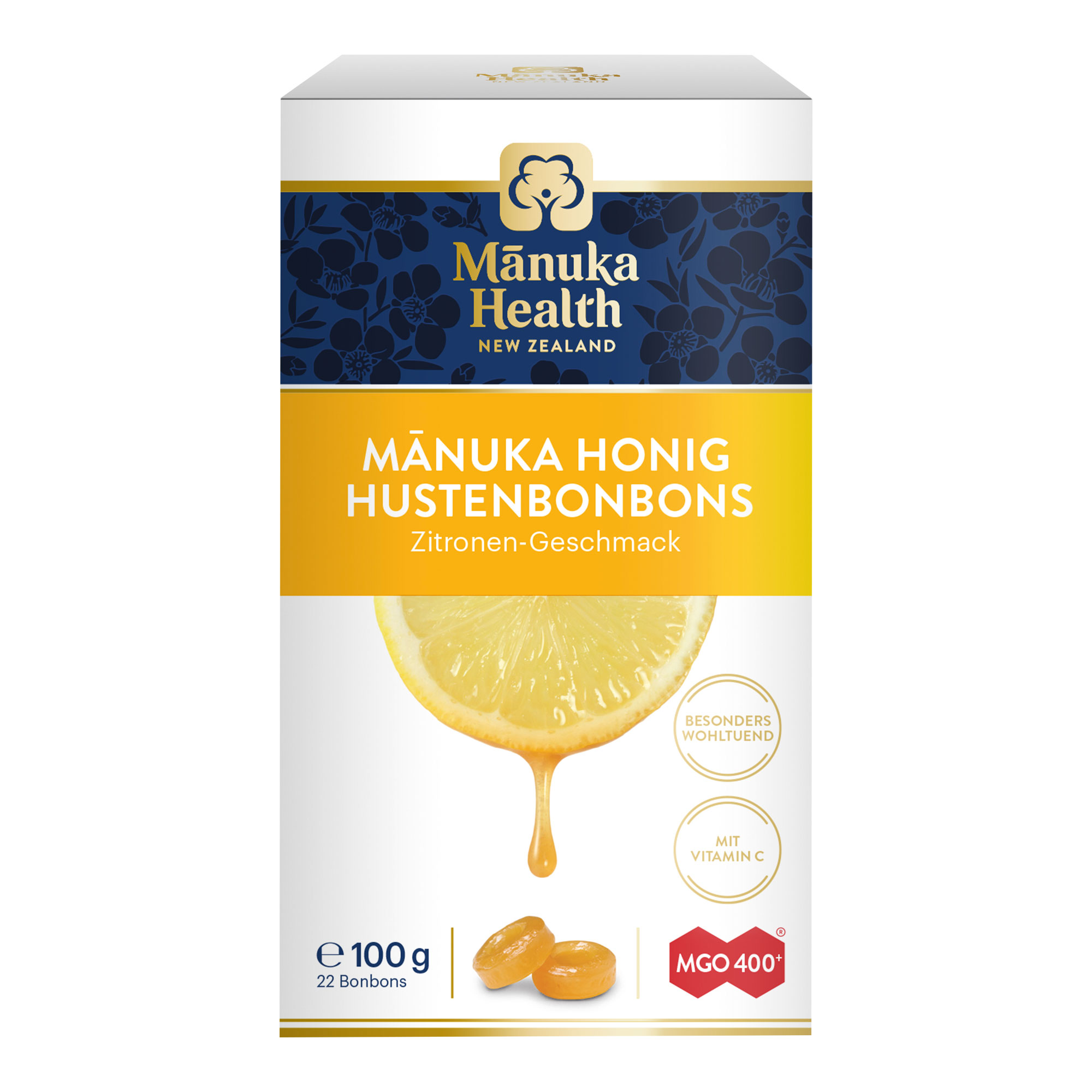 Hustenbonbons mit Manuka Honig und Vitamin C. Mit fruchtigem Zitronengeschmack.