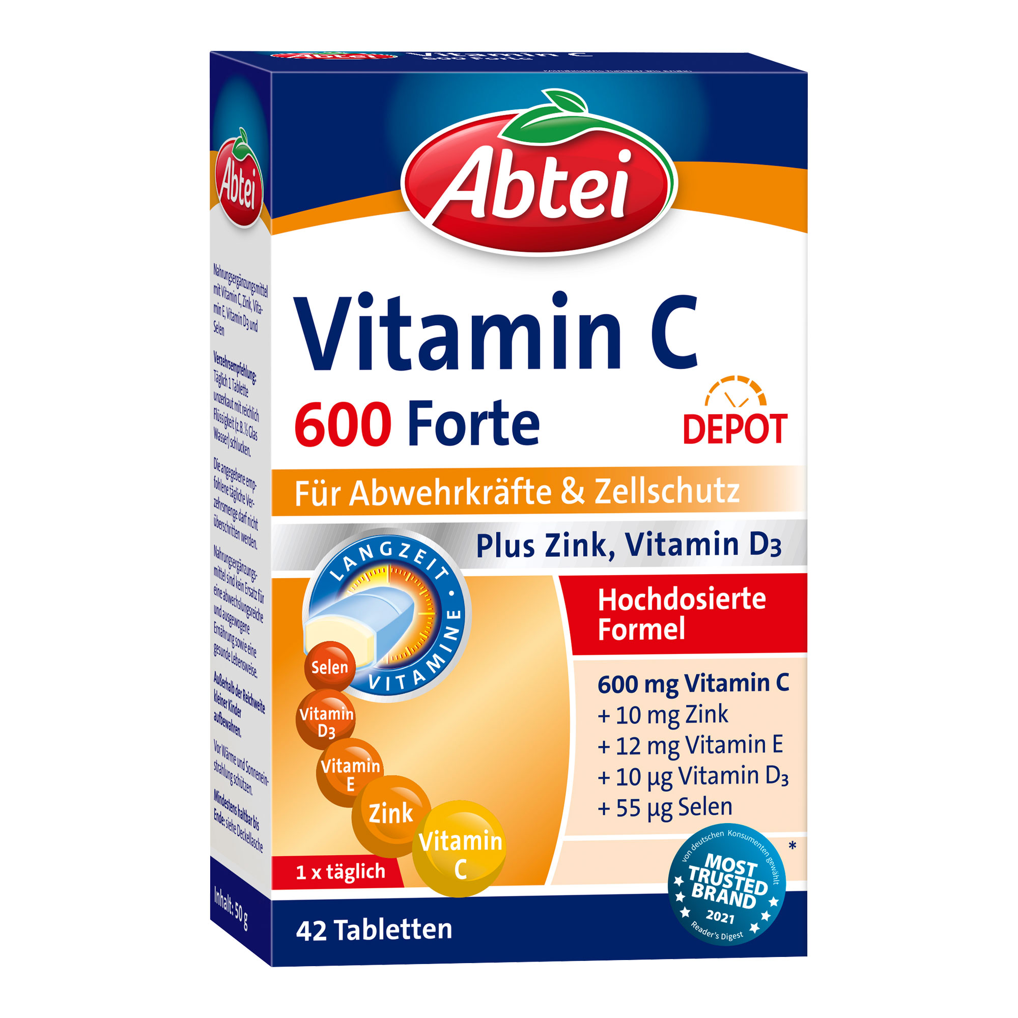 Nahrungsergänzungsmittel mit Vitamin C, Zink, Vitamin E, Vitamin D3 und Selen.