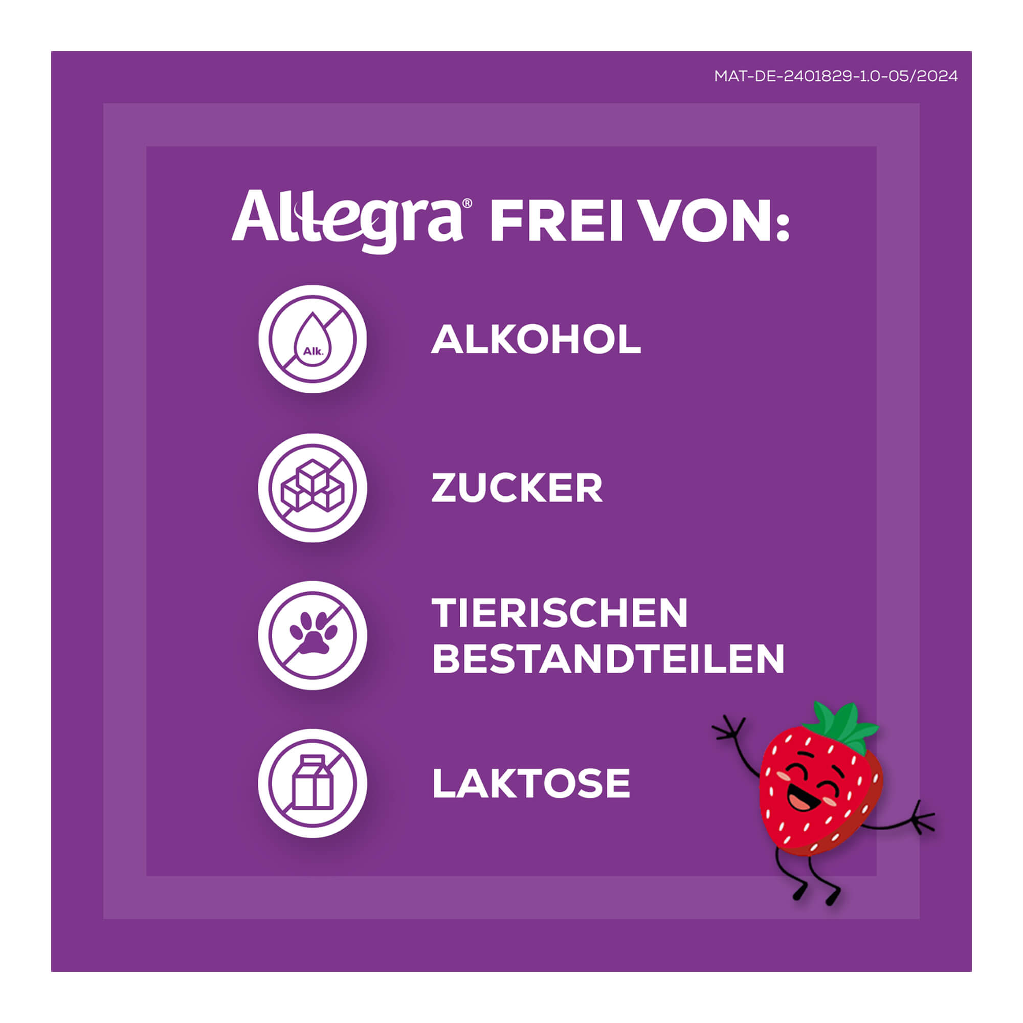 Grafik Allegra Allergietabletten Kinder 10 mg Schmelztabletten Frei von Alkohol, Zucker, tierischen Bestandteilen und Laktose