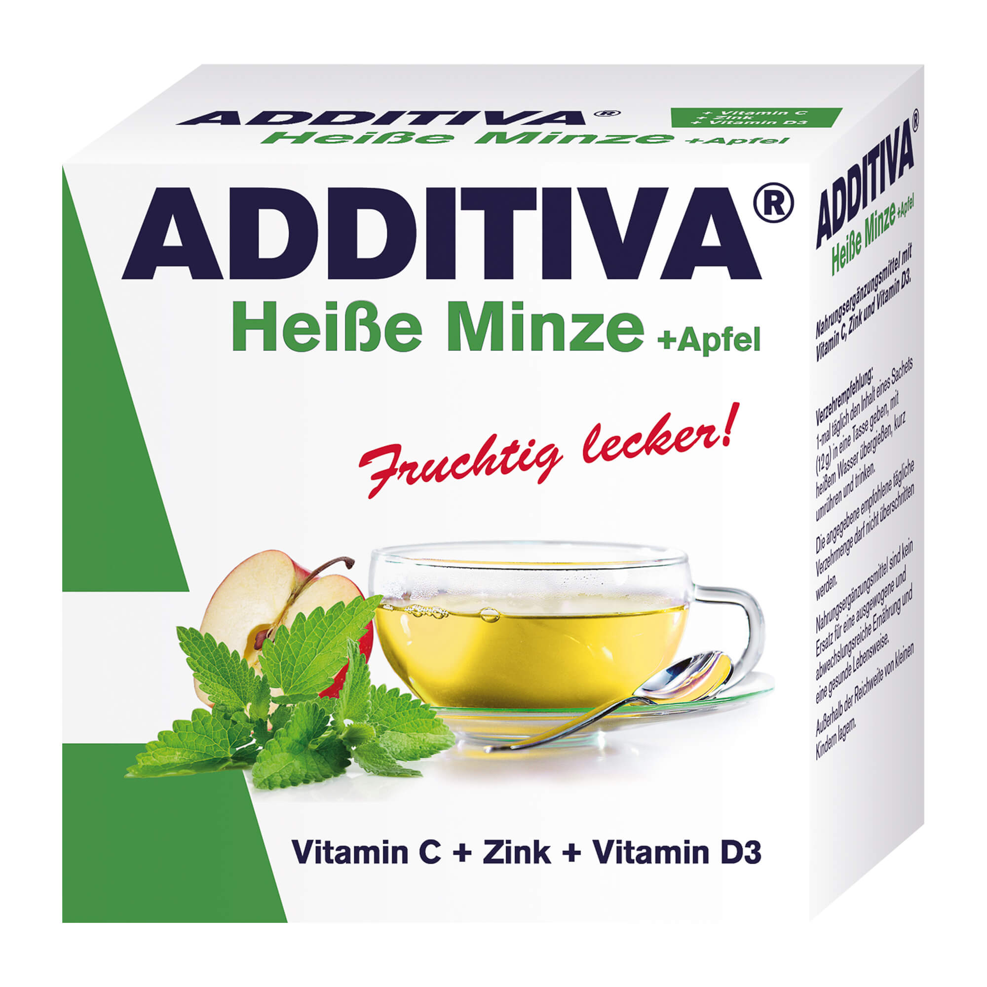 Nahrungsergänzungsmittel mit Vitamin C, Zink und Vitamin D3. Mit Minze- und Apfelaroma.