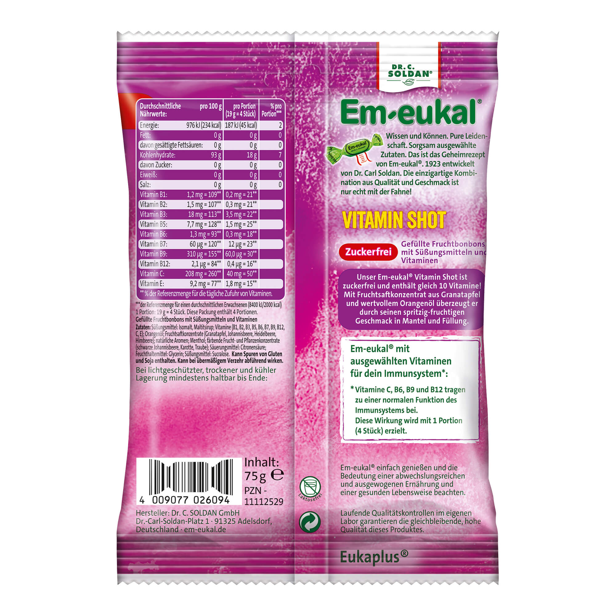 Em-eukal Bonbons ImmunStark Vitamin Shot gefüllt zuckerfrei Packungsrückseite