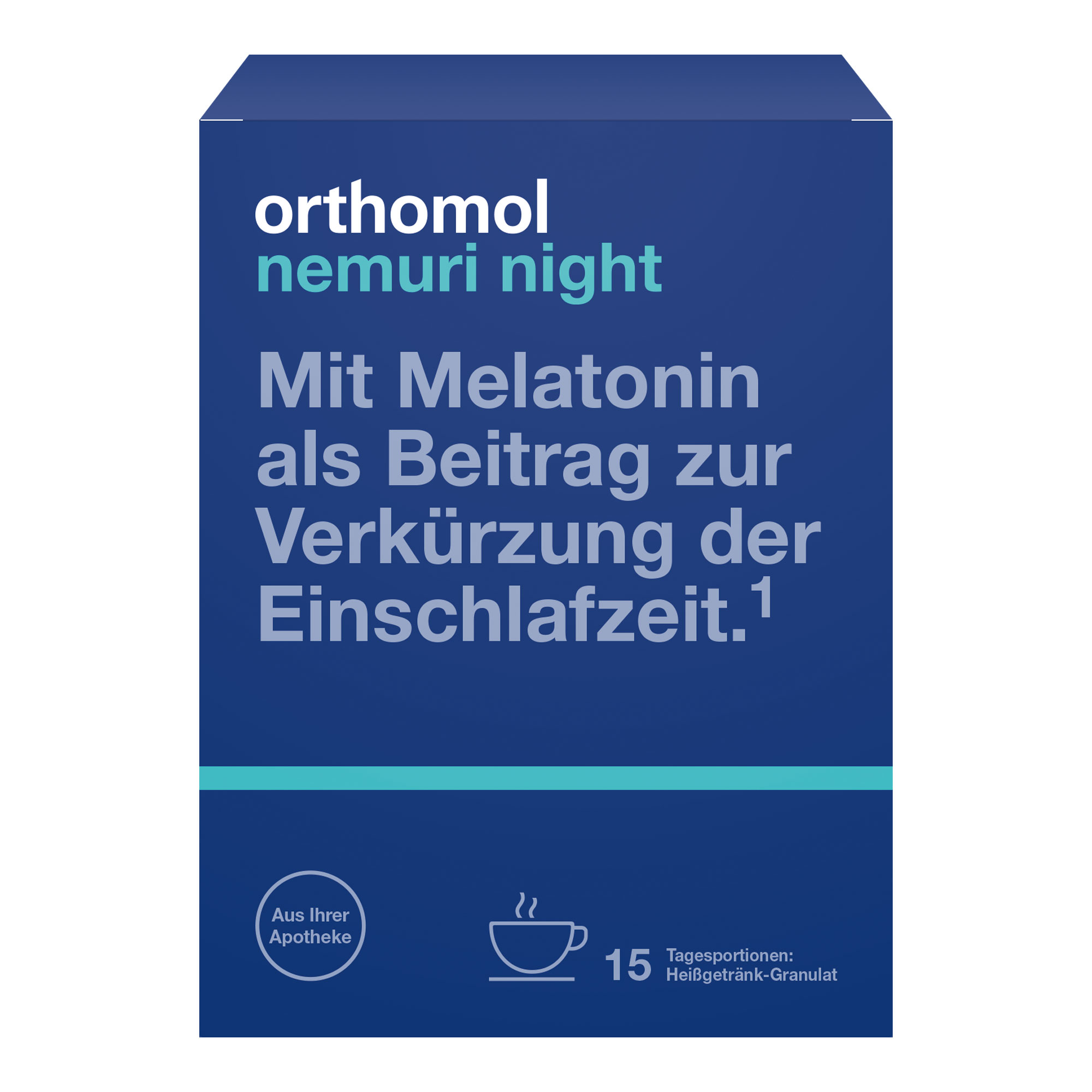 Nahrungsergänzungsmittel mit Melatonin, Melissenblatt-Extrakt, Hopfensamen-Extrakt, Glycin und L-Tryptophan.