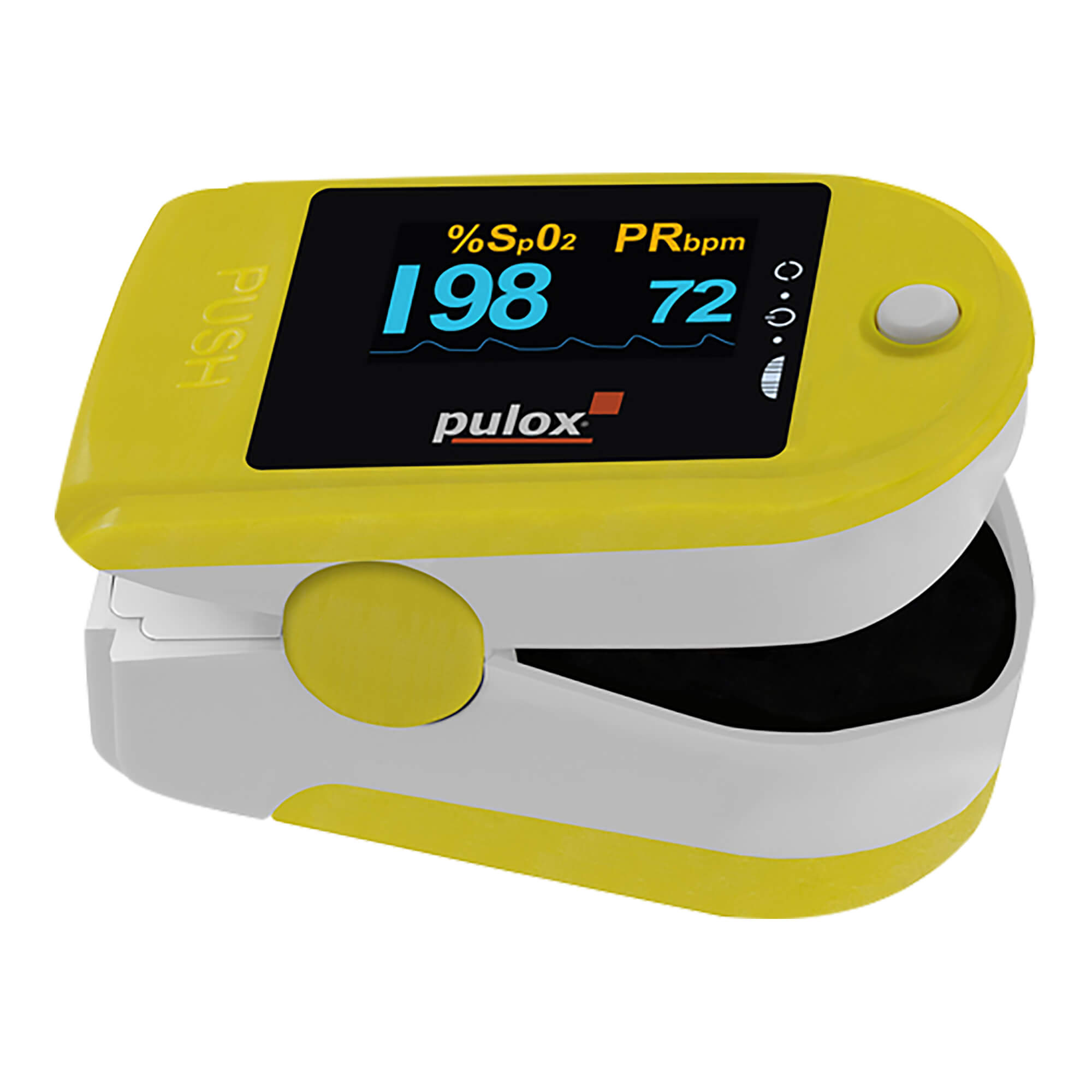 Finger-Pulsoximeter. Mit zweifarbigem OLED-Display, Batterien und Zubehör. Farbe: gelb.