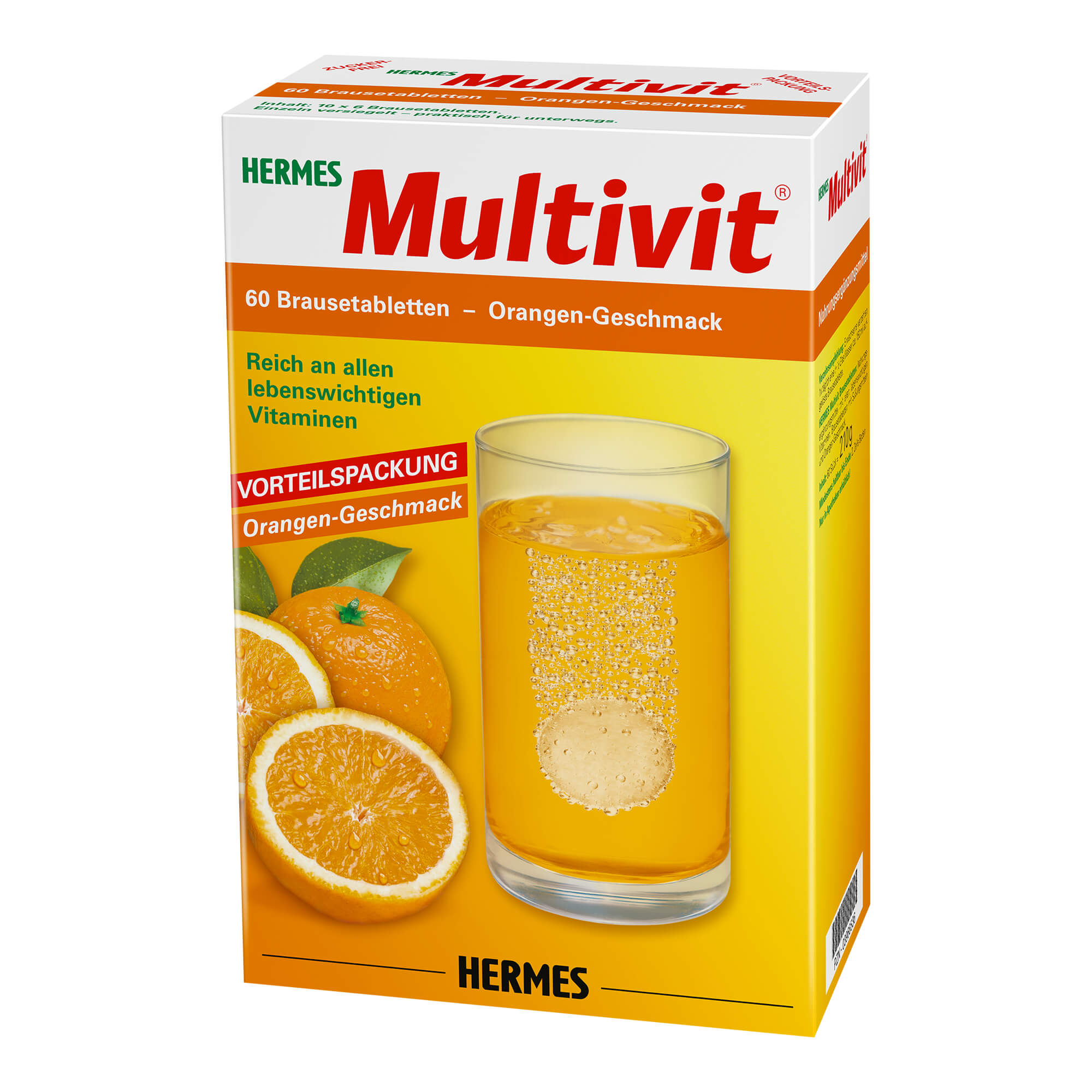 Nahrungsergänzungsmittel mit allen lebenswichtigen Vitaminen. Brausetabletten mit Orangen-Geschmack.