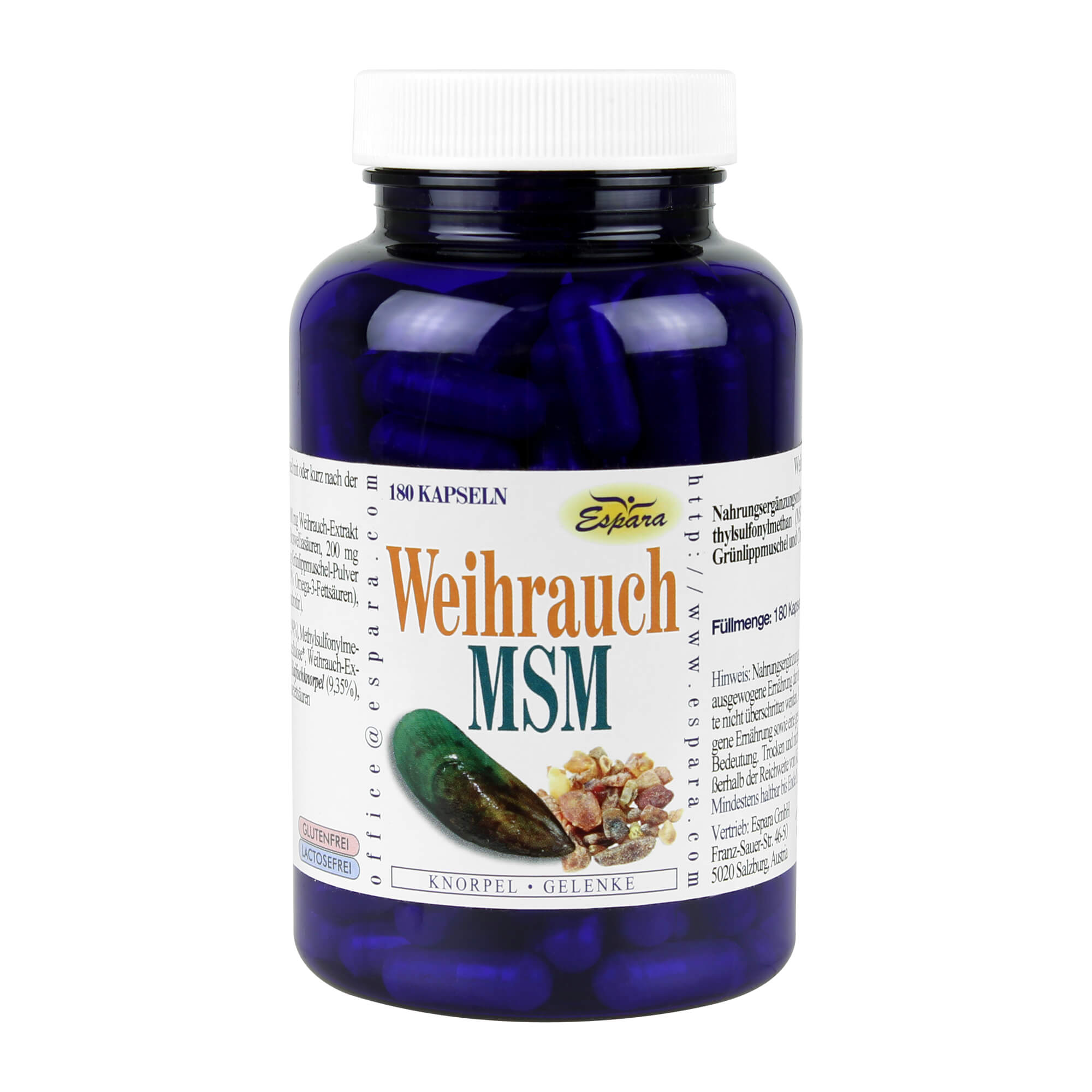 Nahrungsergänzungsmittel mit Weihrauch und Methylsulfonylmethan (MSM) in Kombination mit Grünlippmuschel und Chondroitinsulfat.