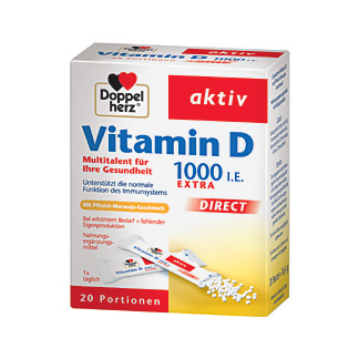 Nahrungsergänzungsmittel mit Vitamin D - Granulat mit Süßungsmitteln und Pfirsich-Maracuja-Geschmack.