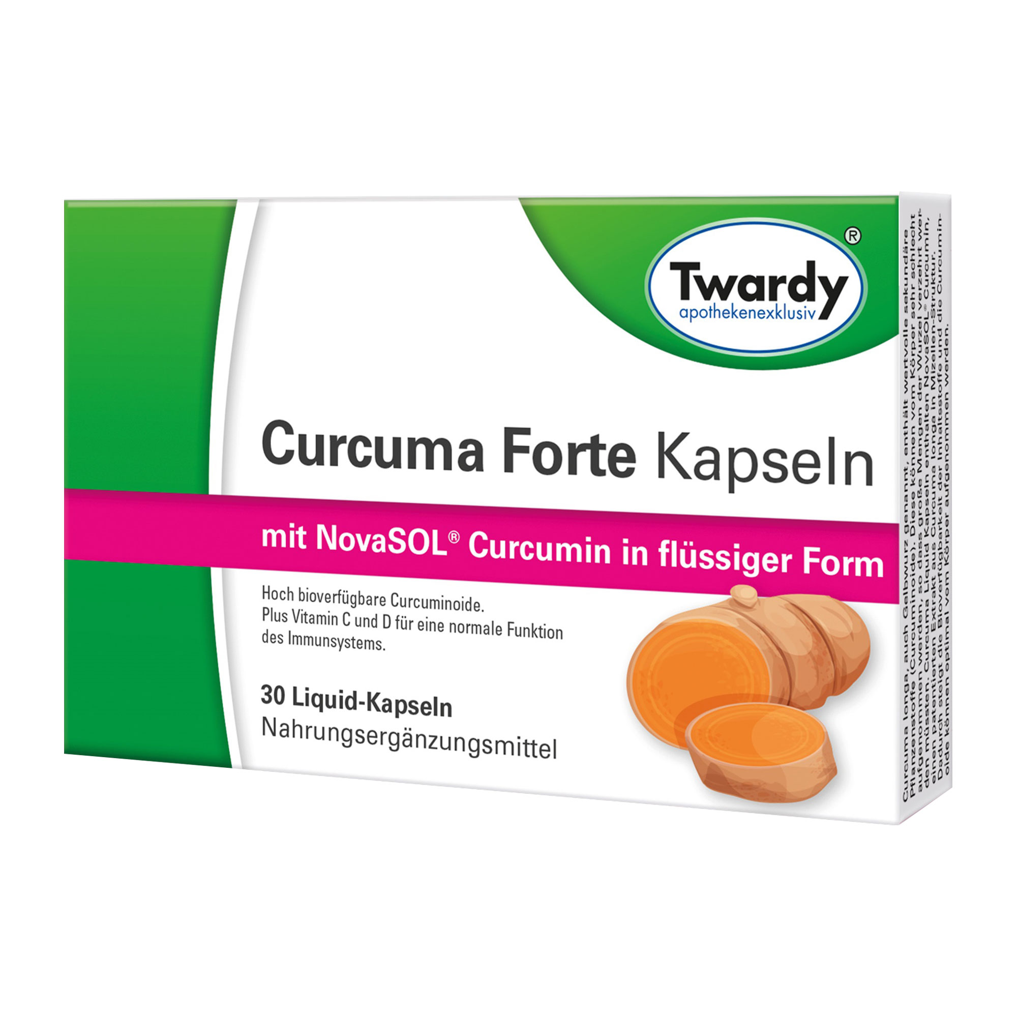 Nahrungsergänzungsmittel mit Curcuma longa-Wurzelextrakt, Vitamin C und Vitamin D3.