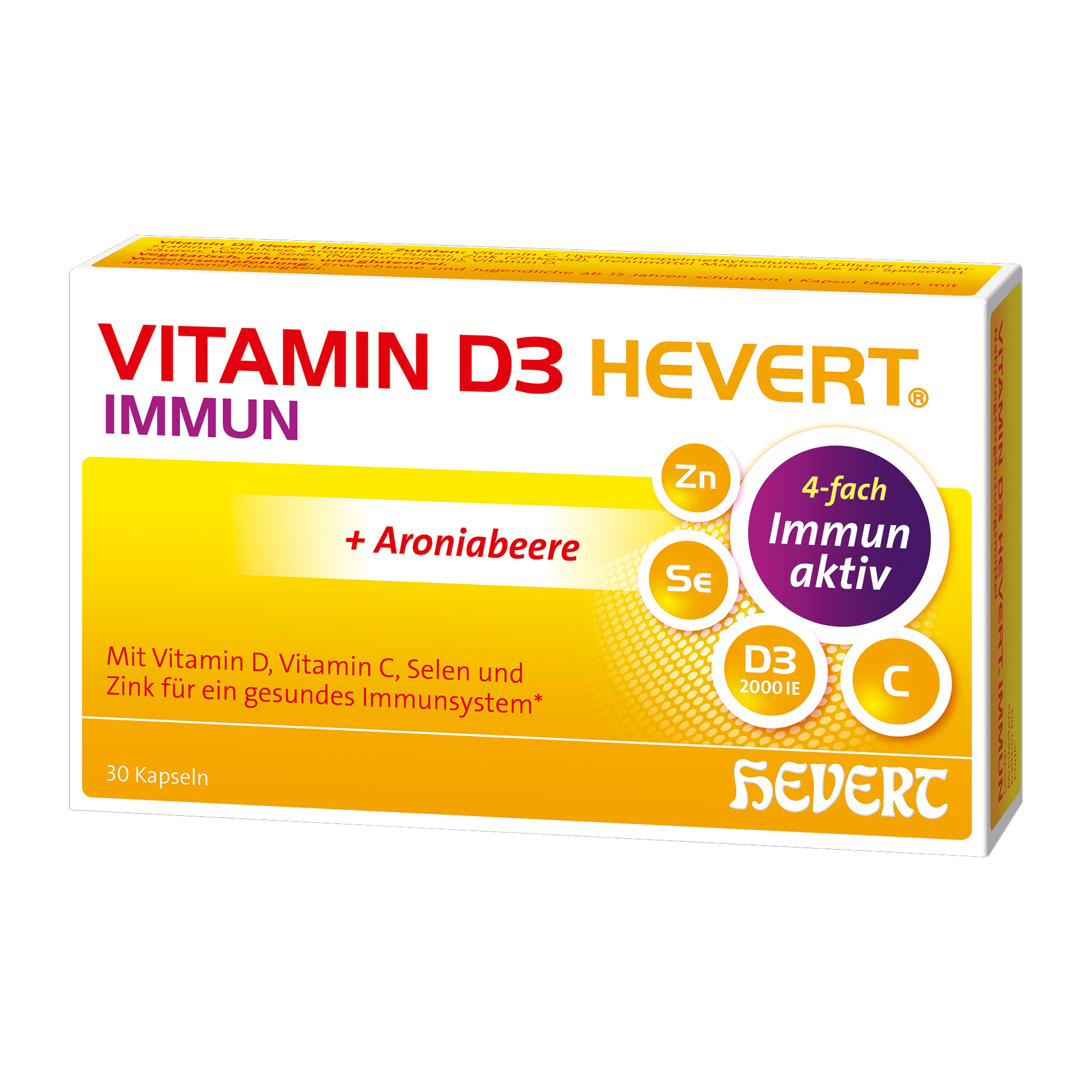 Nahrungsergänzungsmittel mit Vitamin D, Vitamin C, Selen und Zink - plus Aroniabeere. Ab 15 Jahren geeignet.