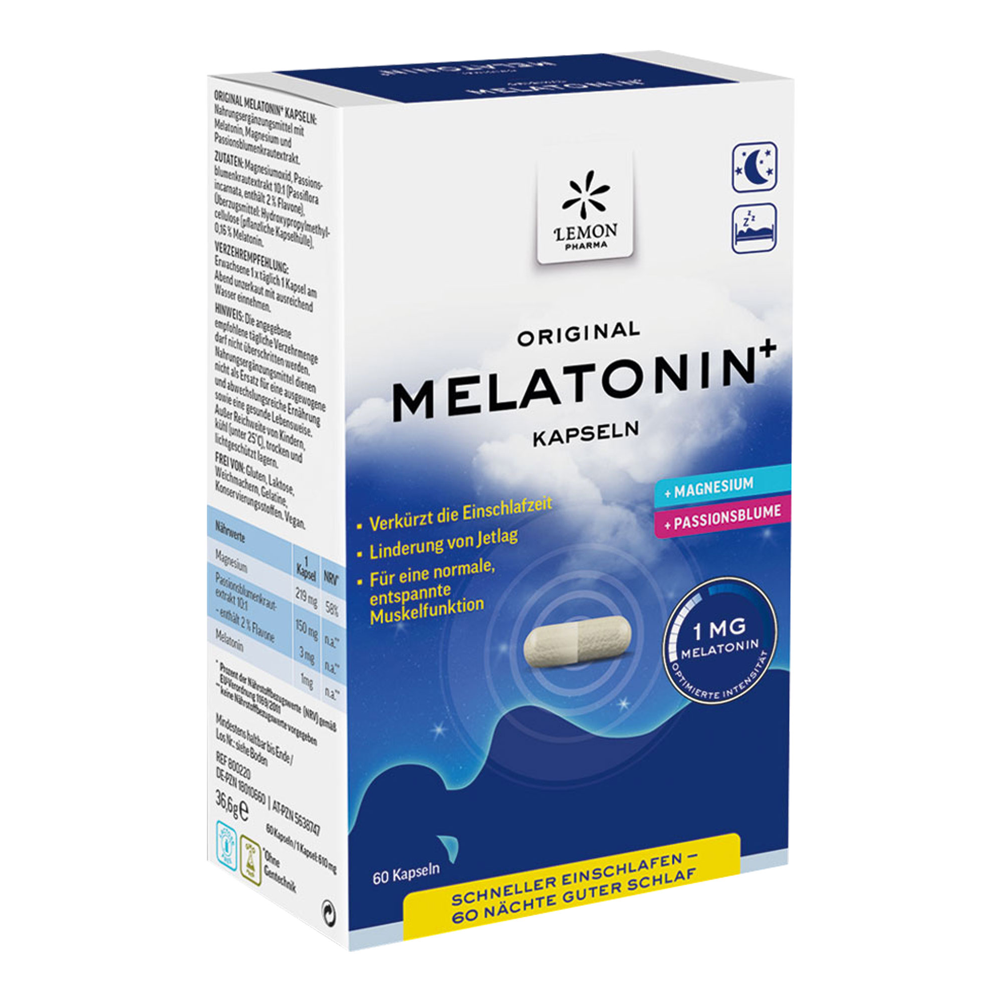 Nahrungsergänzungsmittel mit Magnesium, Passionsblumenkrautextrakt und Melatonin.