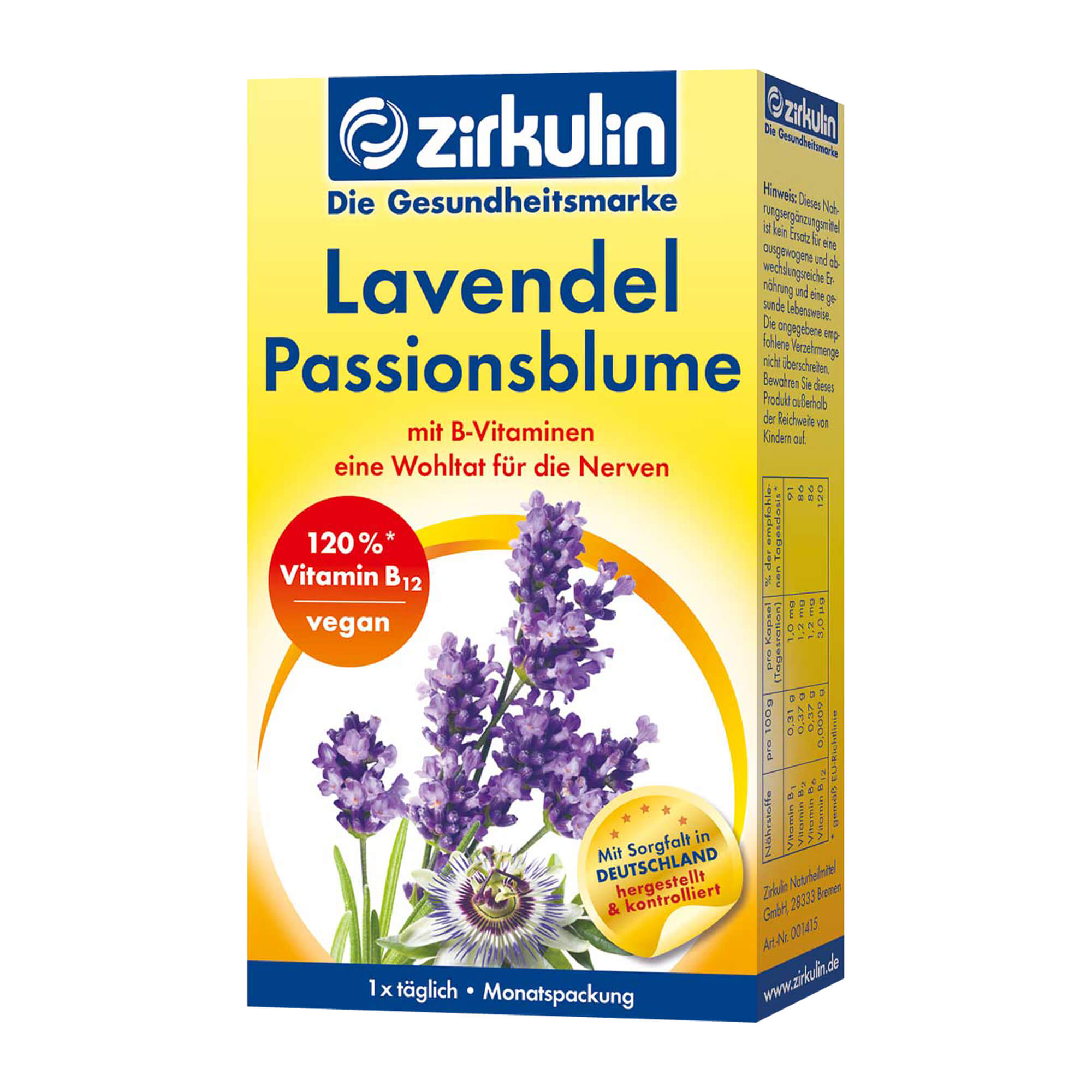 Nahrungsergänzungsmittel mit B-Vitaminen, Lavendel und Passionsblume.