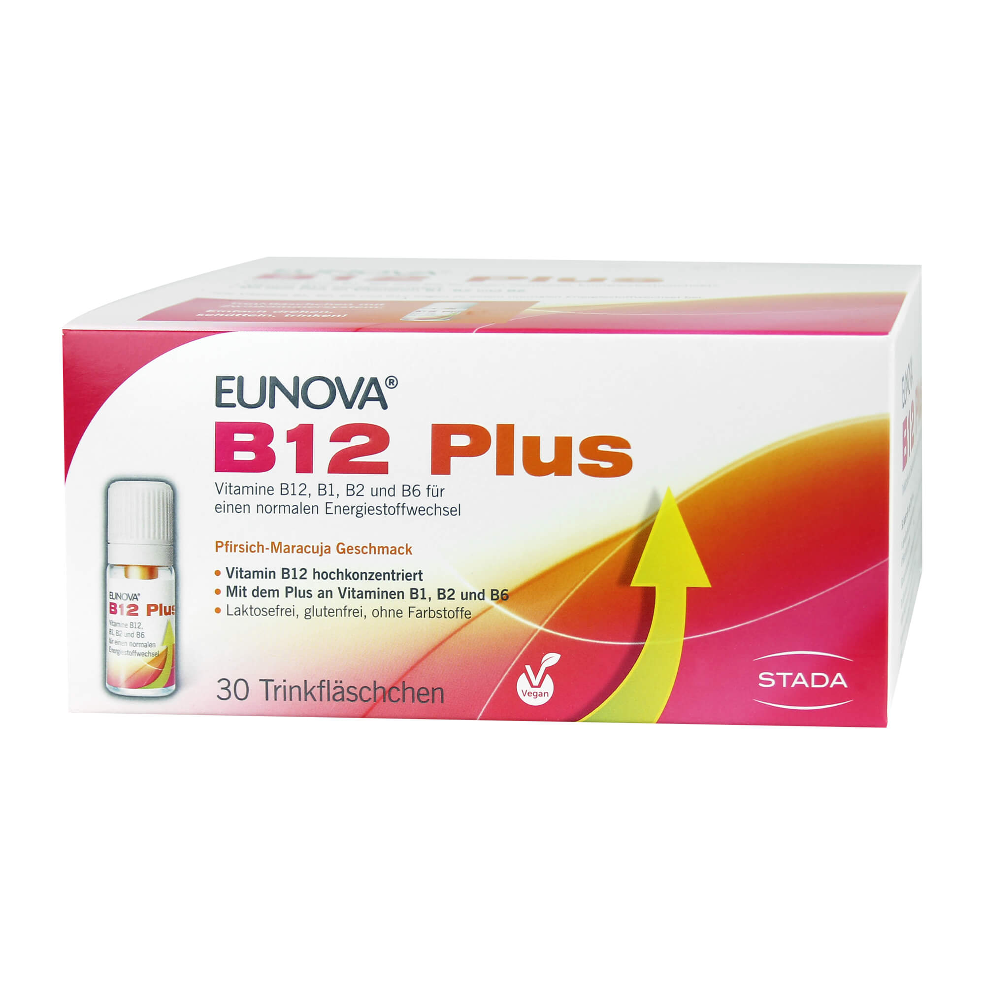 Nahrungsergänzungsmittel mit Vitaminen B12, B1, B2 und B6. Mit Pfirsich-Maracuja Geschmack.