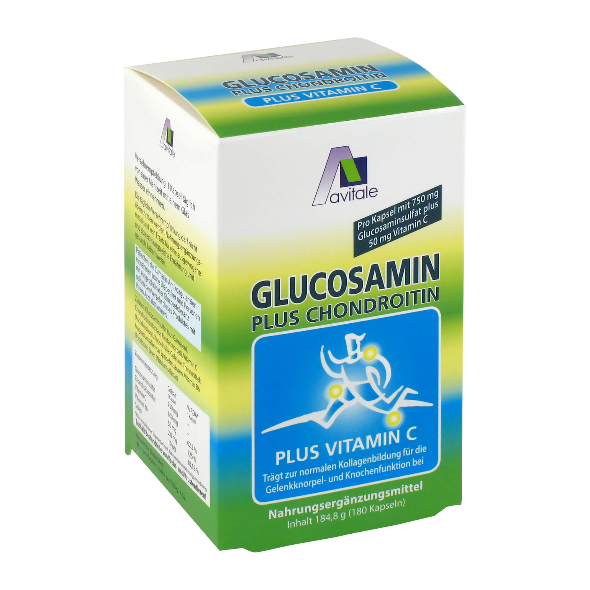 Nahrungsergänzungsmittel mit 750 mg Glucosaminsulfat und 100 mg Chondroitinsulfat.