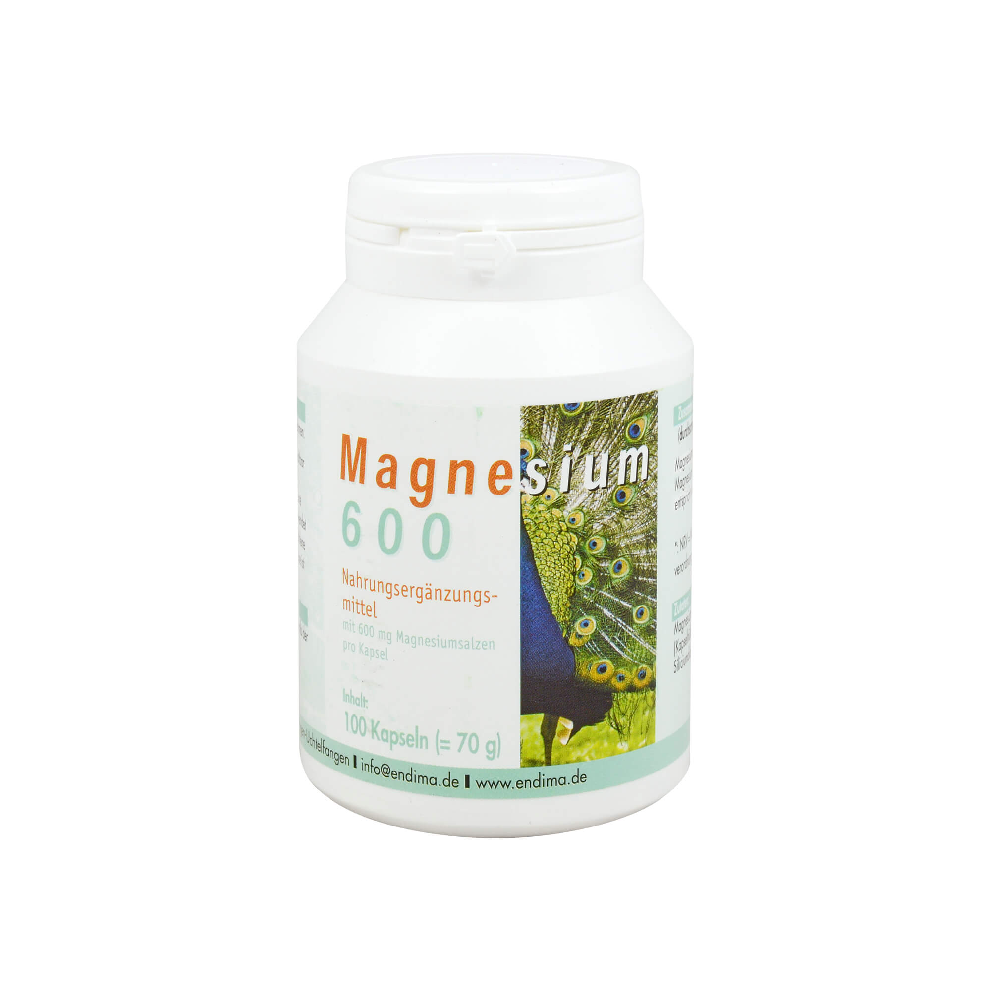 Nahrungsergänzungsmittel mit 600 mg Magnesiumsalzen pro Kapsel.
