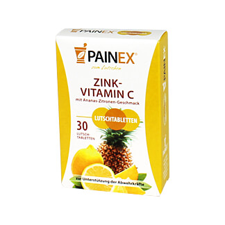 Nahrungsergänzungsmittel mit Vitamin C und Zink, Ananas-Zitronen-Geschmack.