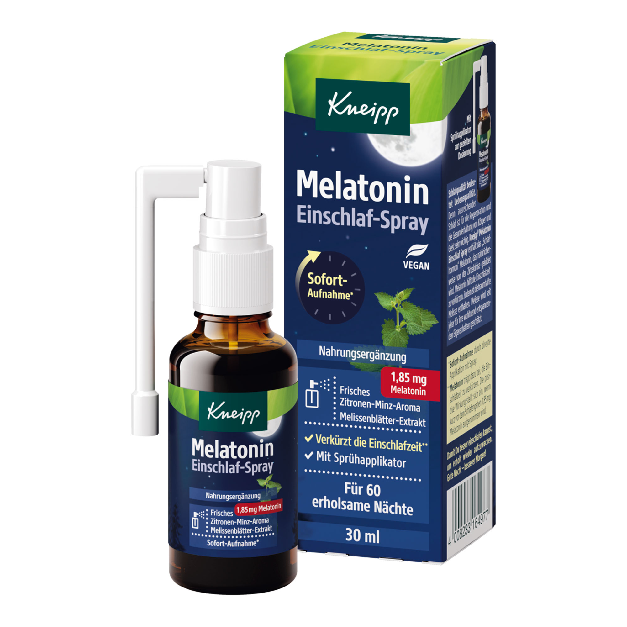 Nahrungsergänzungsmittel mit Melatonin und Melissenblätter-Extrakt sowie mit Sprühapplikator zur gezielten Dosierung.