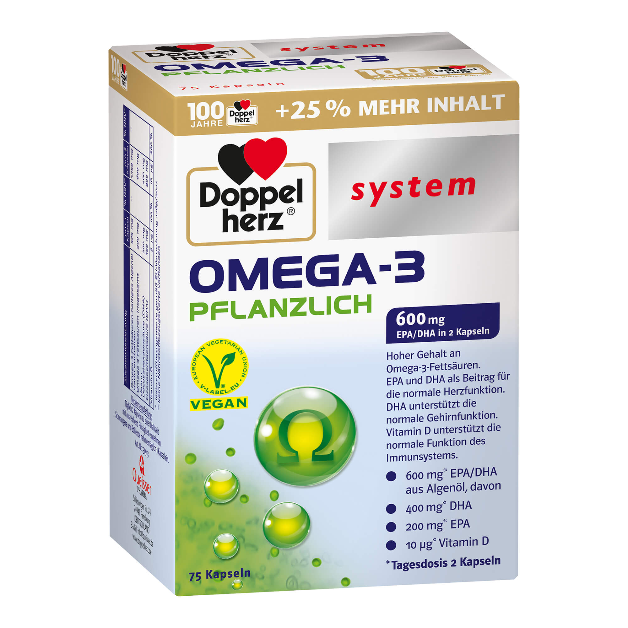 Kapseln mit Omega-3 Fettsäuren aus Algenöl, Vitamin D.