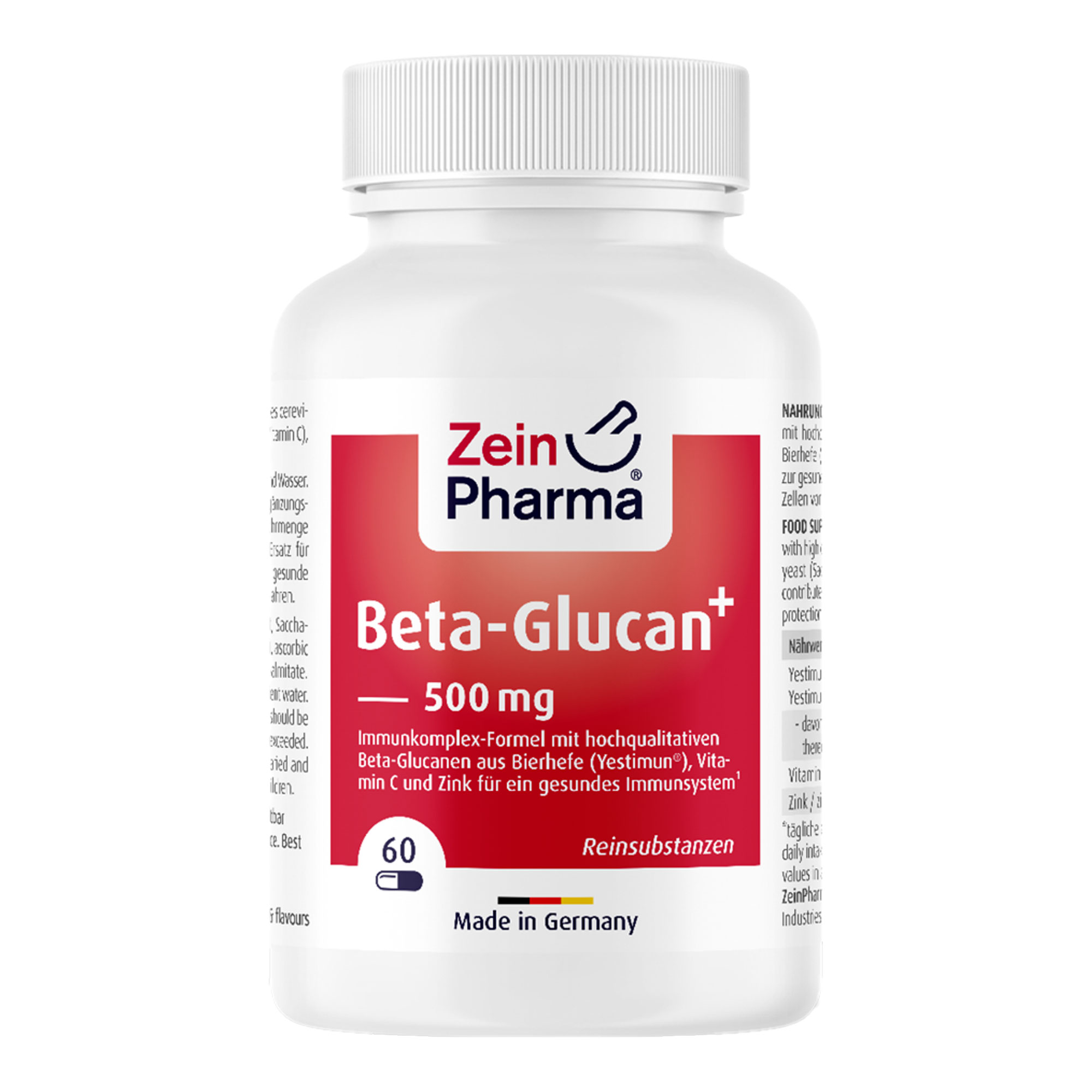 Nahrungsergänzungsmittel mit hochqualitativem (1,3)-(1,6)-ß-D-Glucan (Yestimun) aus Bierhefe, Vitamin C und Zink.