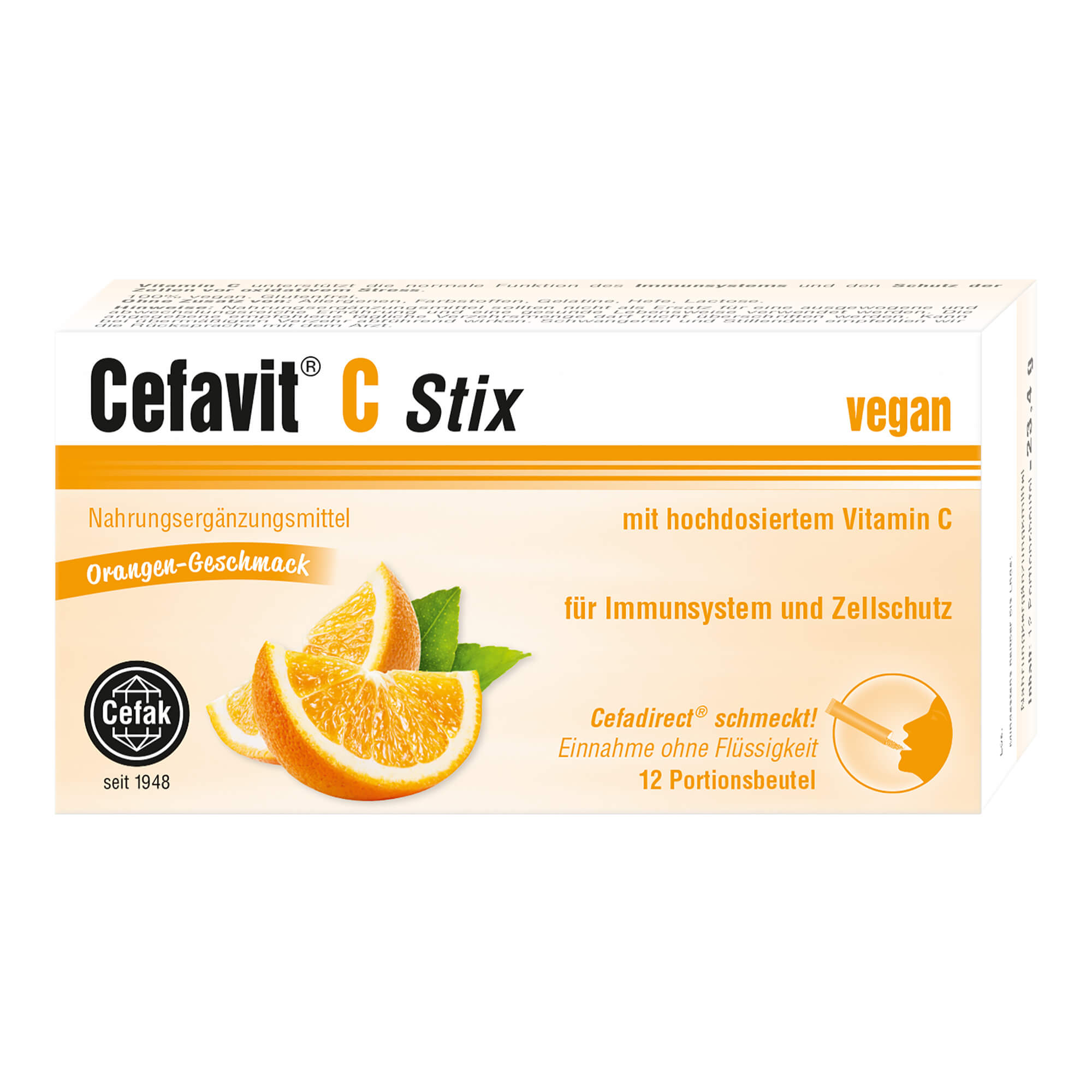 Nahrungsergänzungsmittel mit hochdosiertem Vitamin C. Im praktischen Portionsbeutel. Mit Orangen-Geschmack.