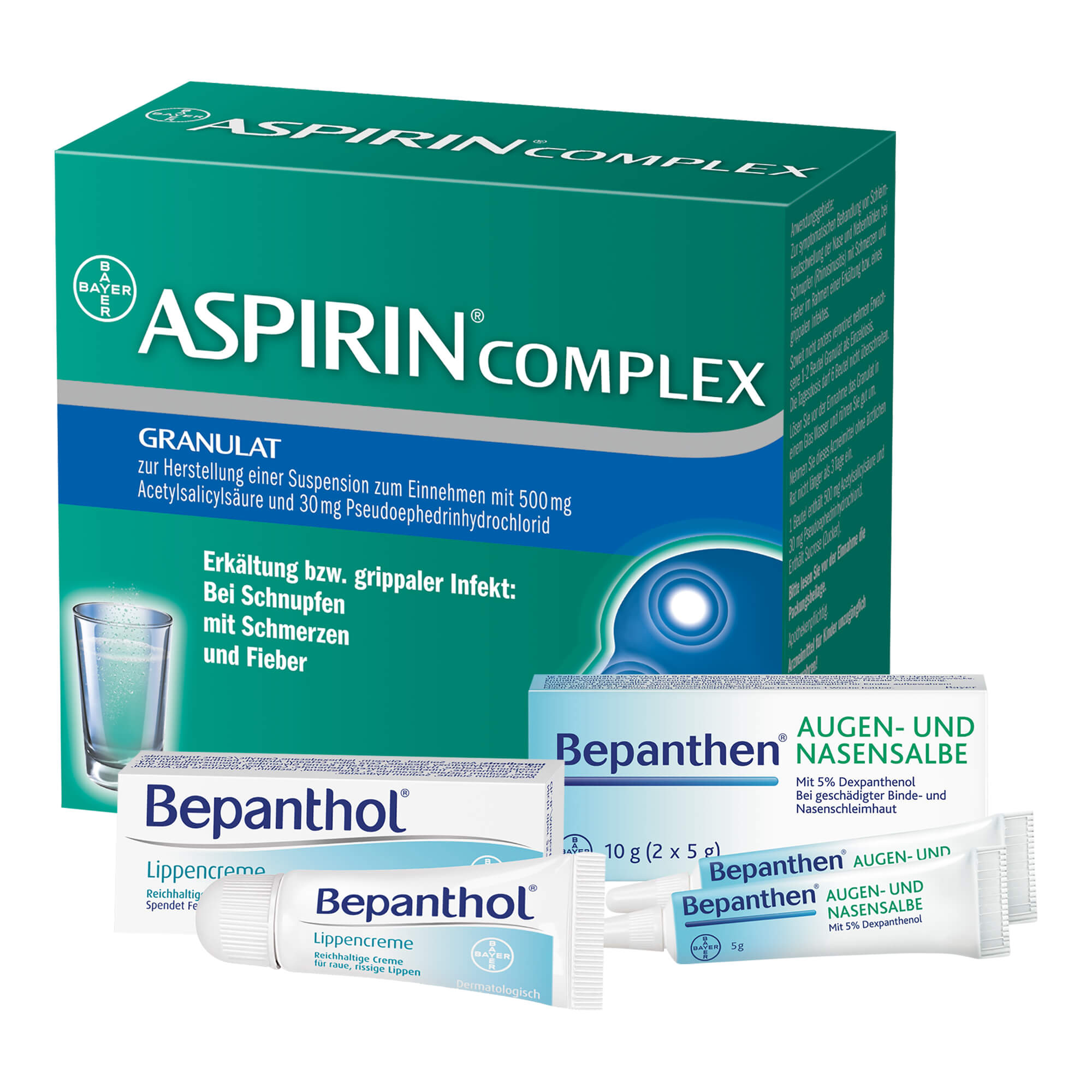 Mit 20 Aspirin Complex Beutel mit Granulat, 7,5 g Bepanthol Lippencreme und 10 g Bepanthen Augen- und Nasensalbe.
