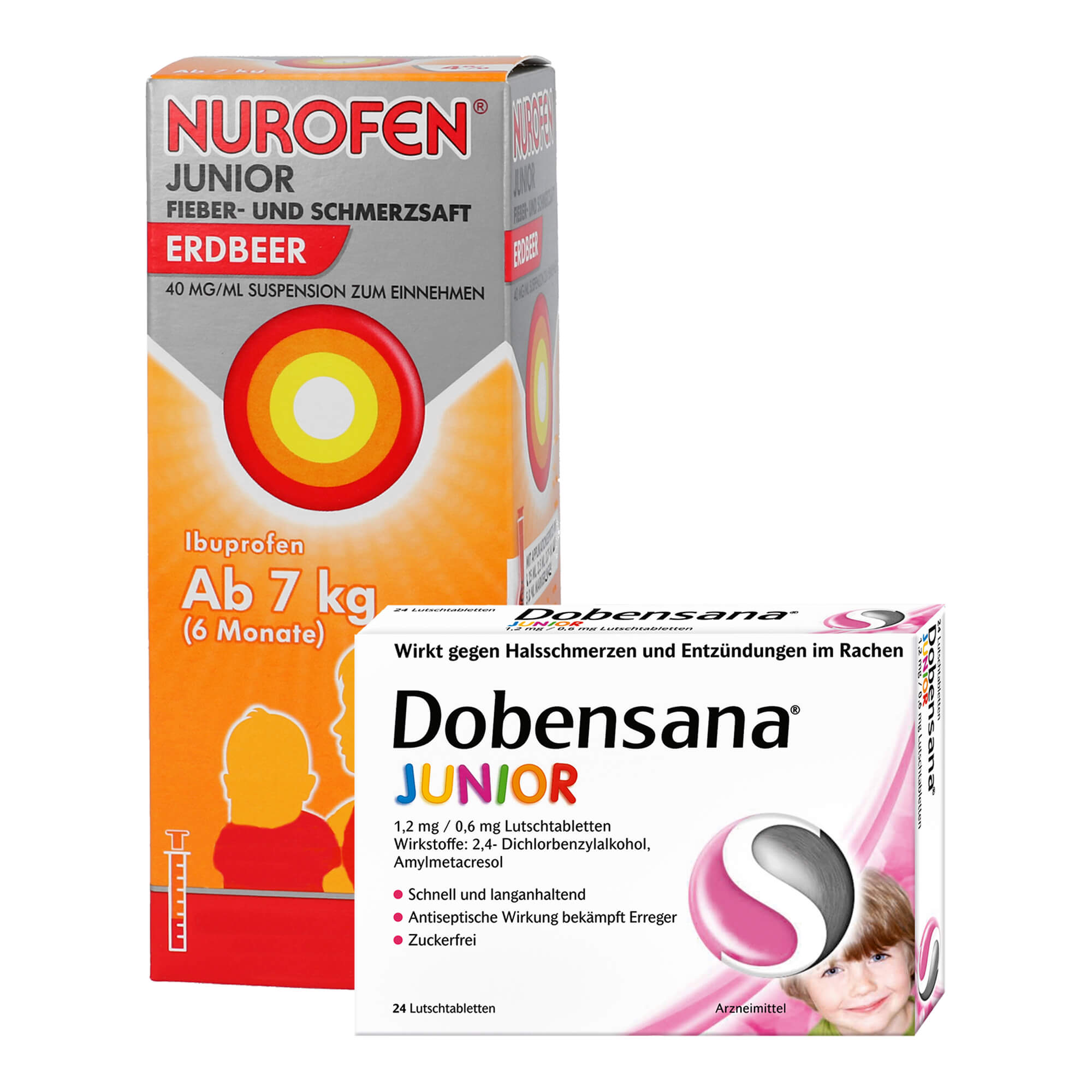 Mit 100 ml Nurofen Junior Fieber- & Schmerzsaft Erdbeer und 24 Dobensana Junior 1,2 mg/ 0,6 mg Lutschtabletten.