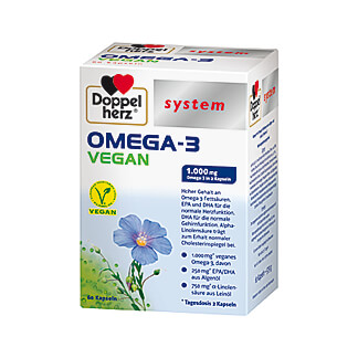 Kapseln mit Omega-3 Fettsäuren aus Algen- und Leinöl, Vitamin E.