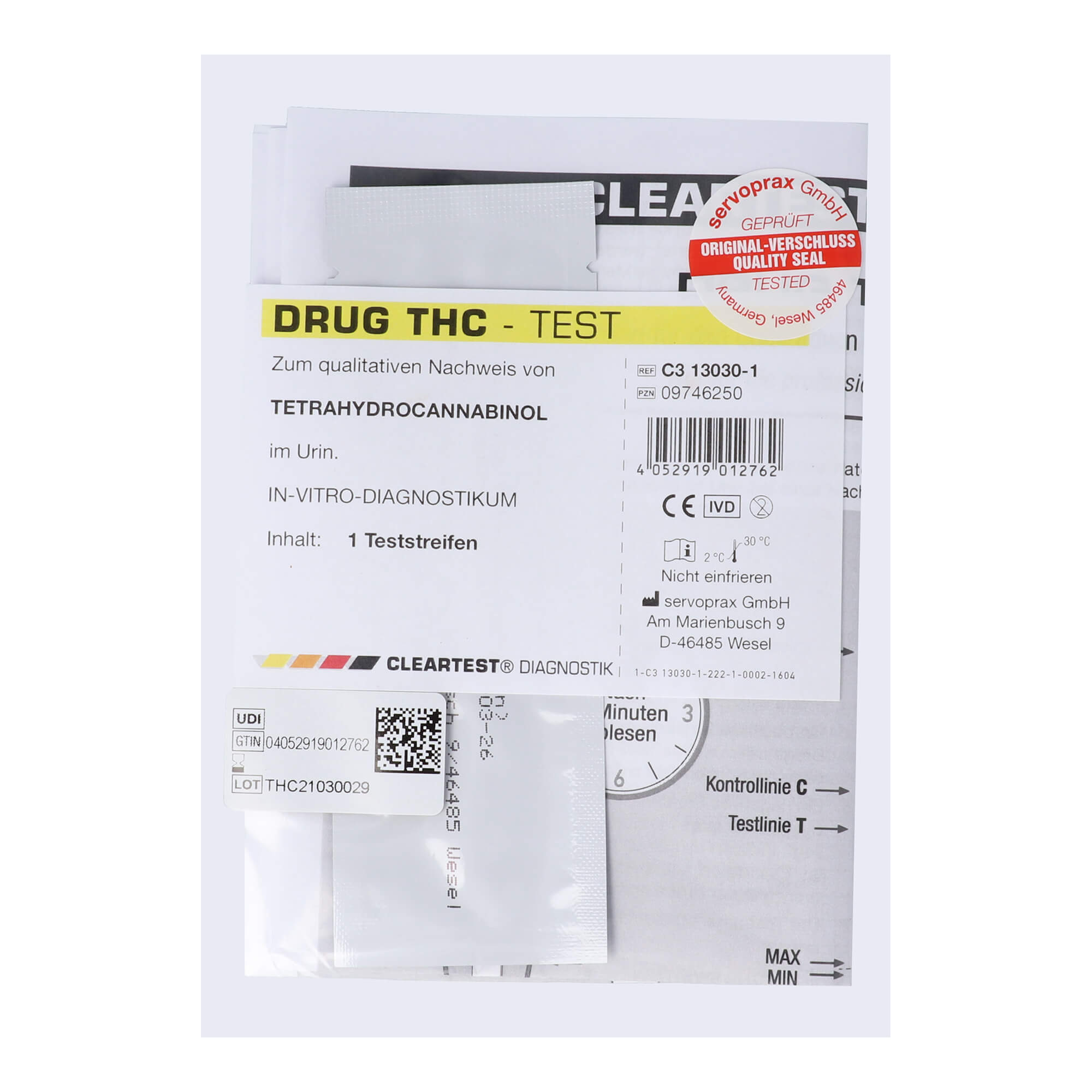 Drogenteststreifen für den qualitativen Nachweis von Tetrahydrocannabinol im Urin. Nur für die professionelle In-vitro-Diagnostik.