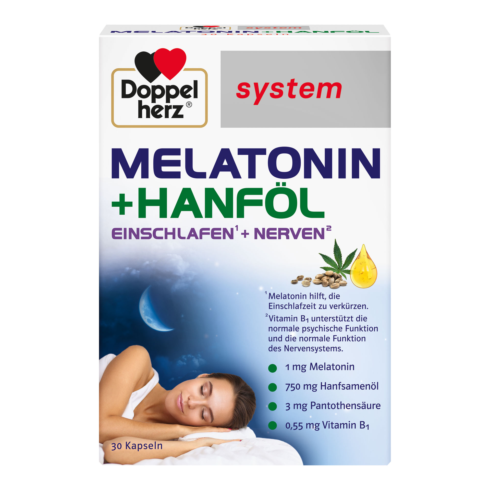 Nahrungsergänzungsmittel mit Melatonin, Hanfsamenöl, Vitamin B1 und B5 (Pantothensäure).