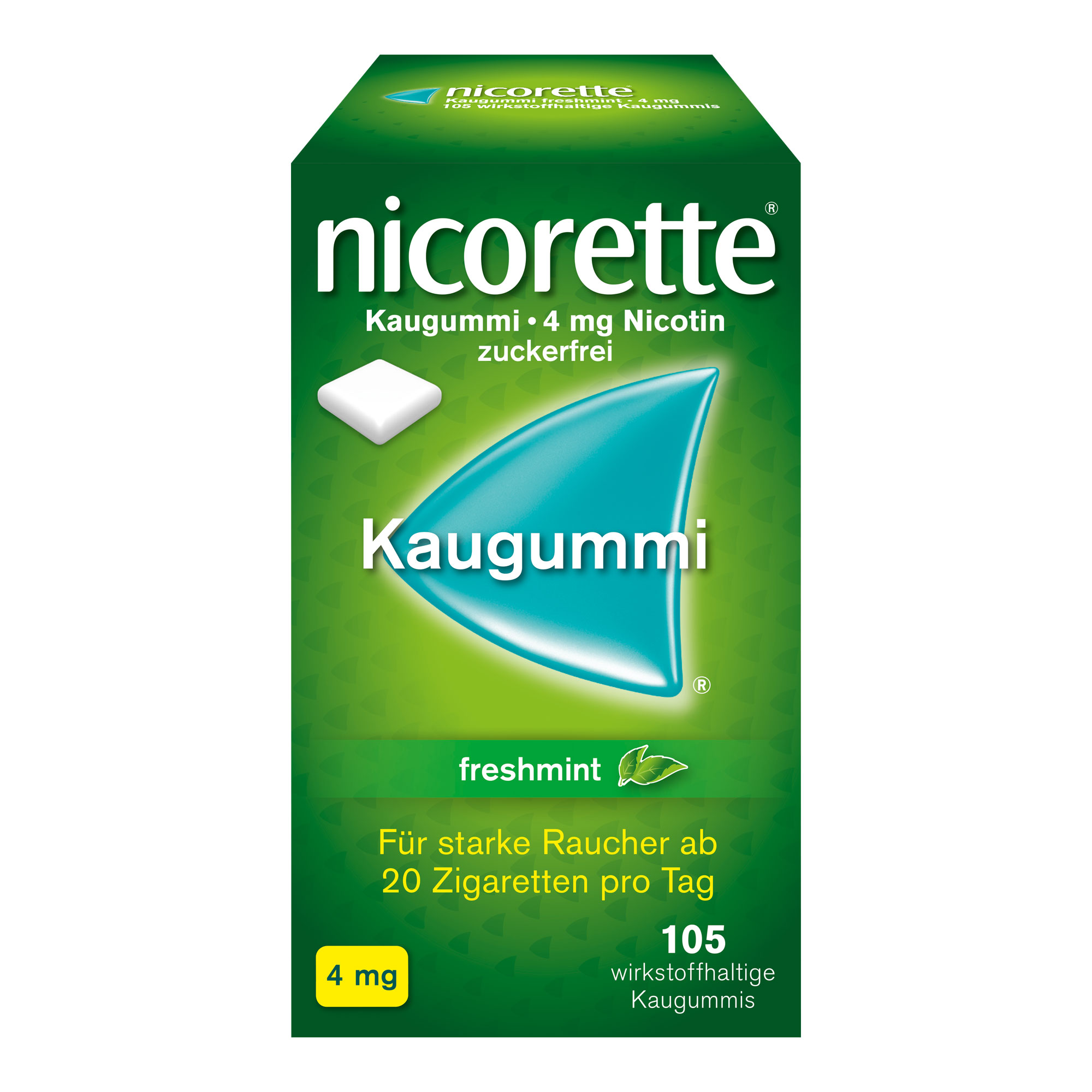 nicorette® Kaugummi freshmint mit 4 mg Nikotin lindert Rauchverlangen und Entzugssymptome, wie innere Unruhe und gesteigerten Appetit während der Raucherentwöhnung. Mit Pfefferminzgeschmack.