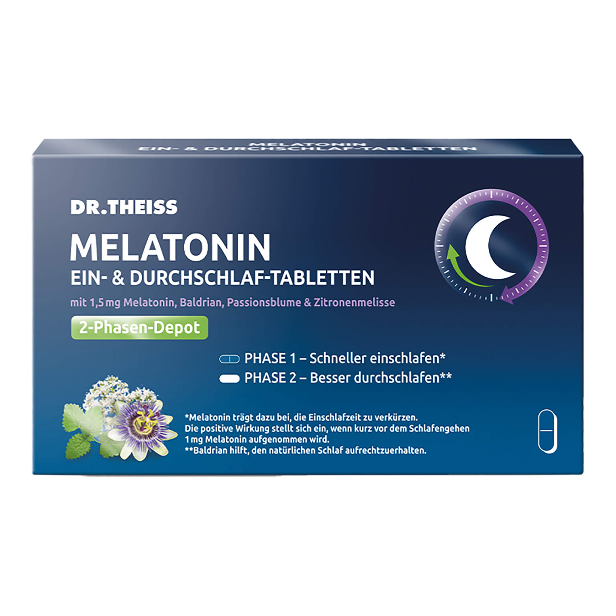 Nahrungsergänzungsmittel mit Melatonin, Baldrian, Passionsblume & Zitronenmelisse. Als 2-Phasen-Depot-Tabletten. Für Erwachsene.