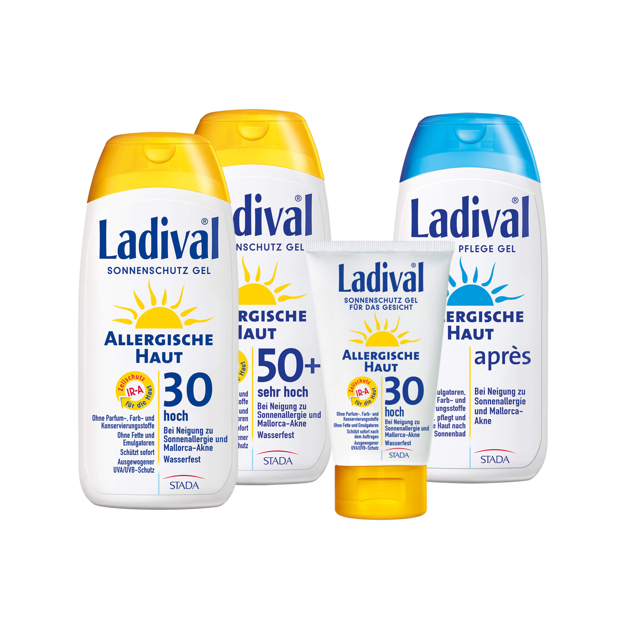 Dieses Ladival Allergische Haut-Set besteht aus 1 x Gel LSF 30, 1 x Gel LSF 50+, 1 x Gel Gesicht LSF 30 und  1 x Apres Gel.