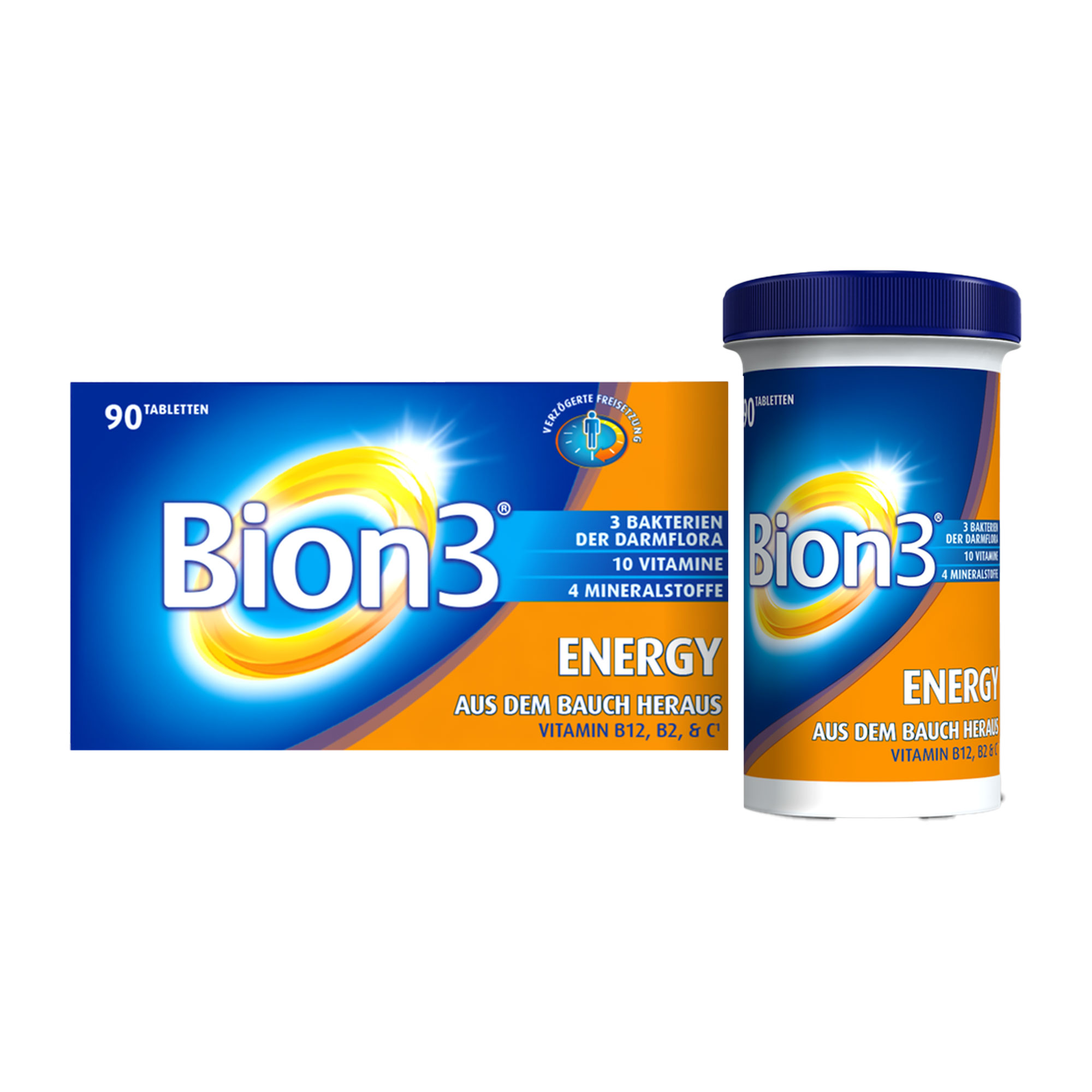 Nahrungsergänzungsmittel mit 3 Tri-Bion Bakterien der Darmflora, Vitaminen, Mineralstoffen und Ginsengextrakt.