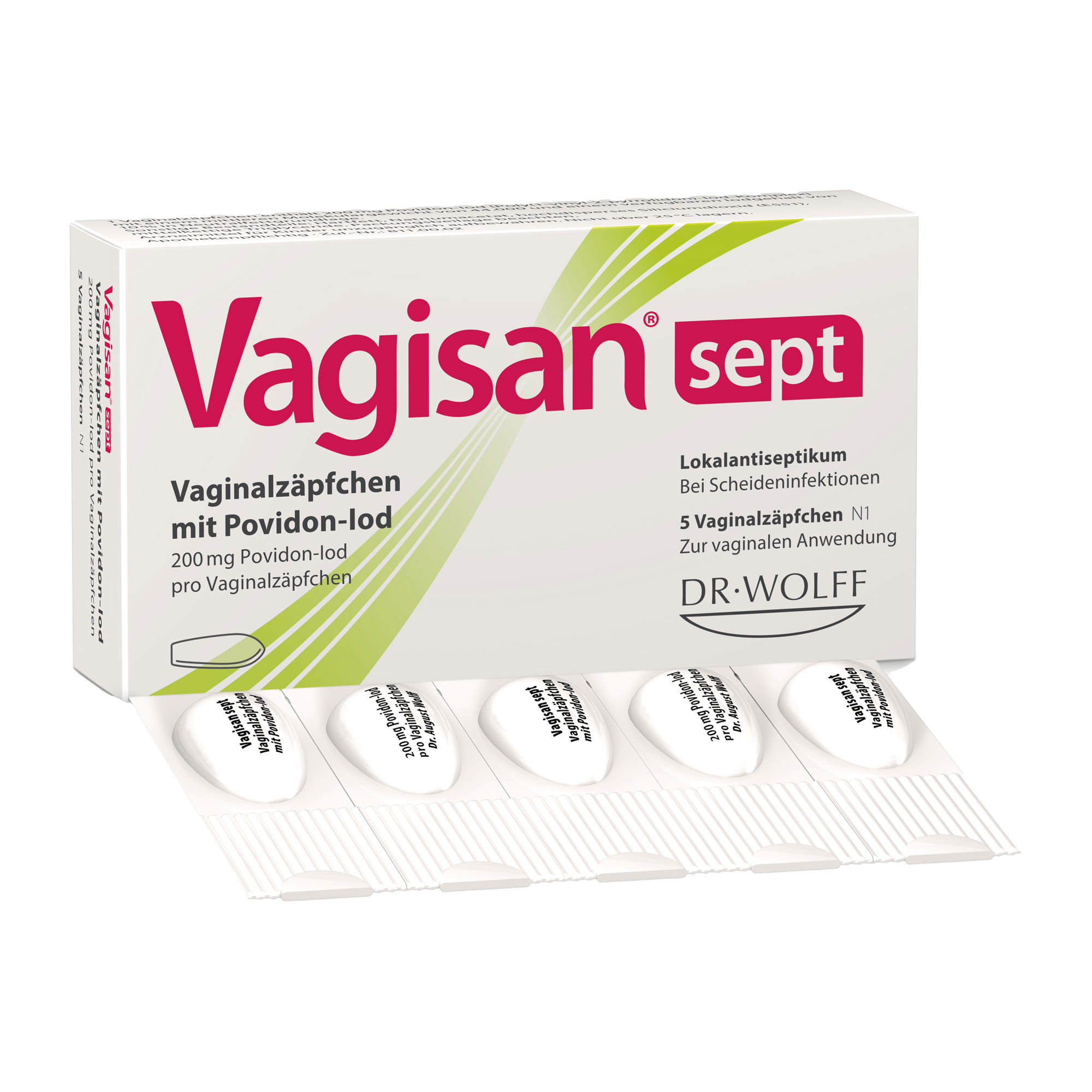 Desinfizierende Vaginalzäpfchen zur Anwendung bei spezifischen und unspezifischen Infektionen der Scheide und bei Scheideninfektionen.