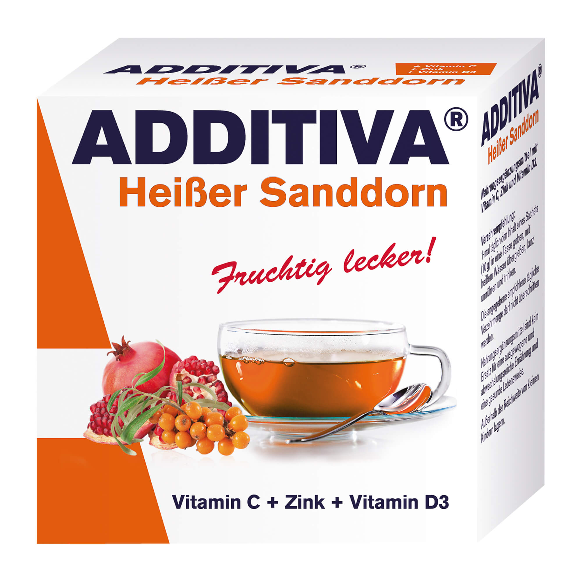 Nahrungsergänzungsmittel mit Vitamin C, Zink und Vitamin D3. Mit Sanddorn-Geschmack.