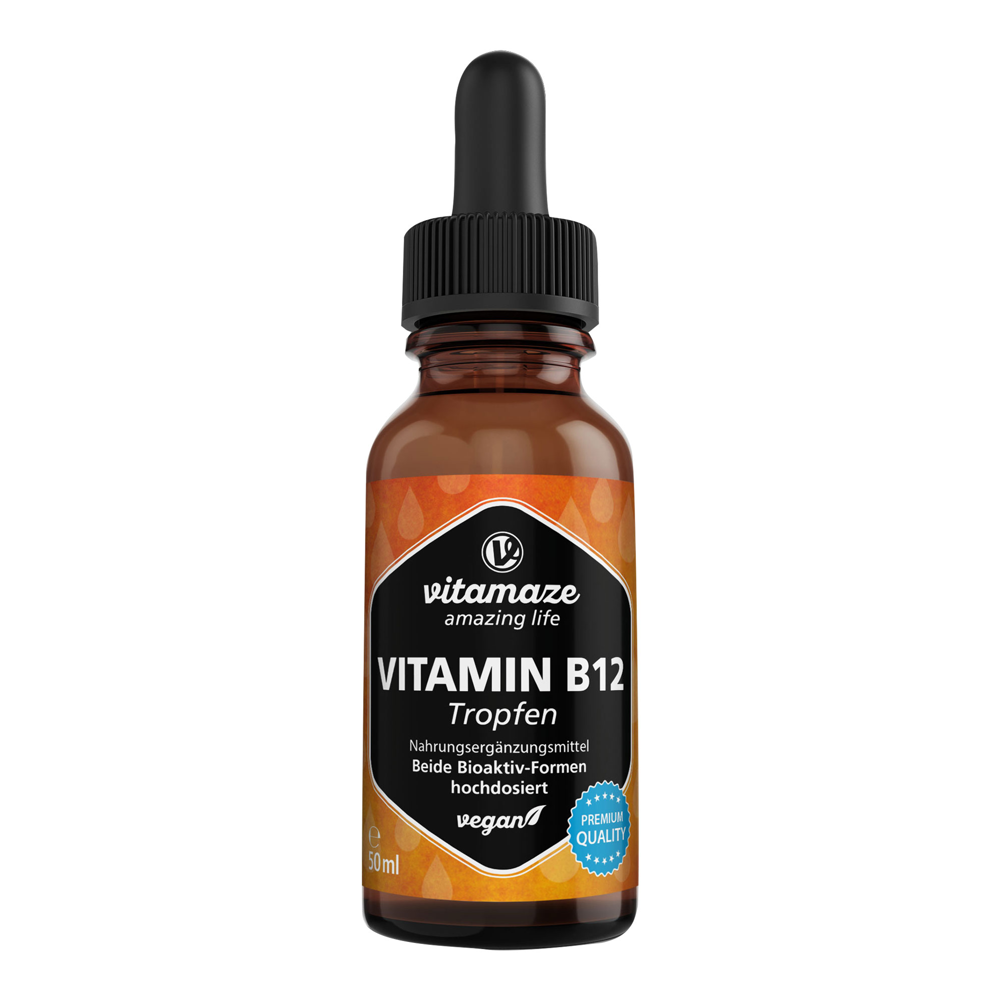 Nahrungsergänzungsmittel mit hochdosiertem Vitamin B12 in flüssiger Form.