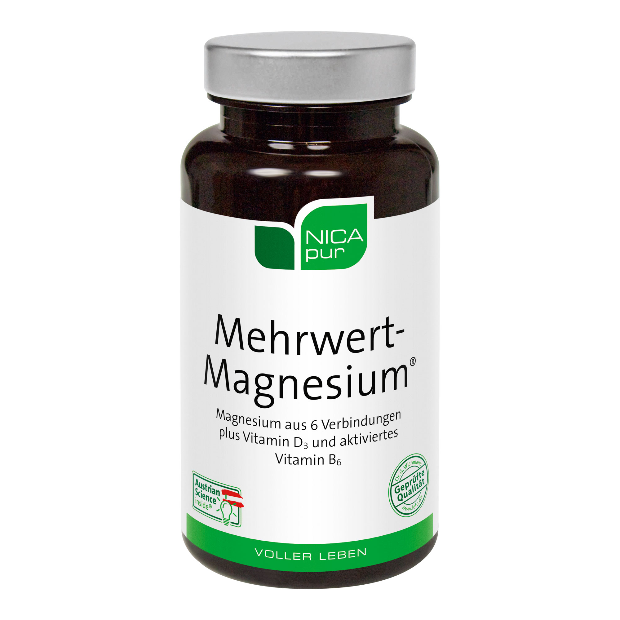 Nahrungsergänzungsmittel mit dem Mineralstoff Magnesium, Vitamin B6 in aktivierter Form und Vitamin D3.