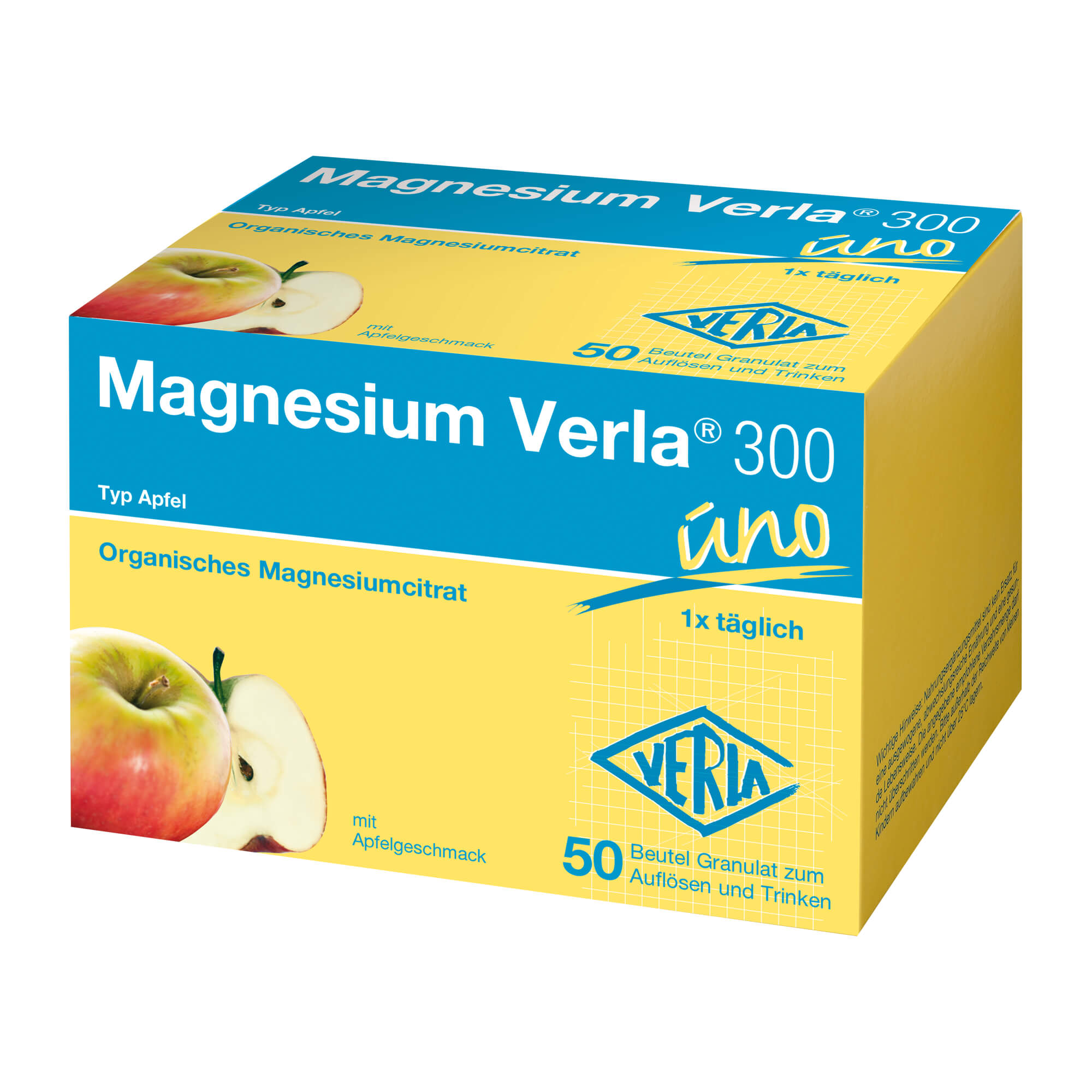 Nahrungsergänzungsmittel mit hochdosiertem Magnesium. Trinkgranulat mit Apfelgeschmack.