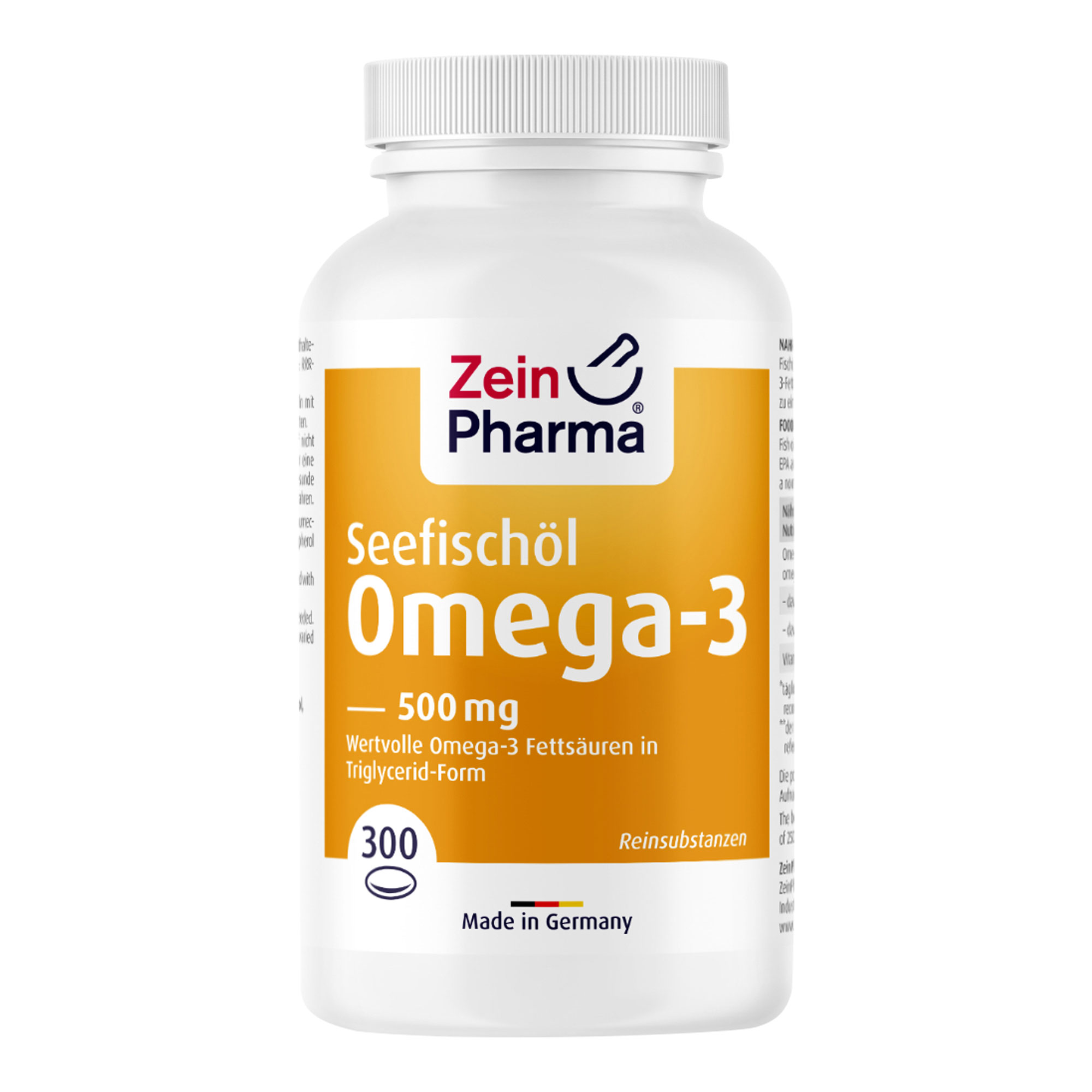 Nahrungsergänzungsmittel mit den mehrfach ungesättigten Omega-3-Fettsäuren EPA und DHA in Softgel-Kapseln.