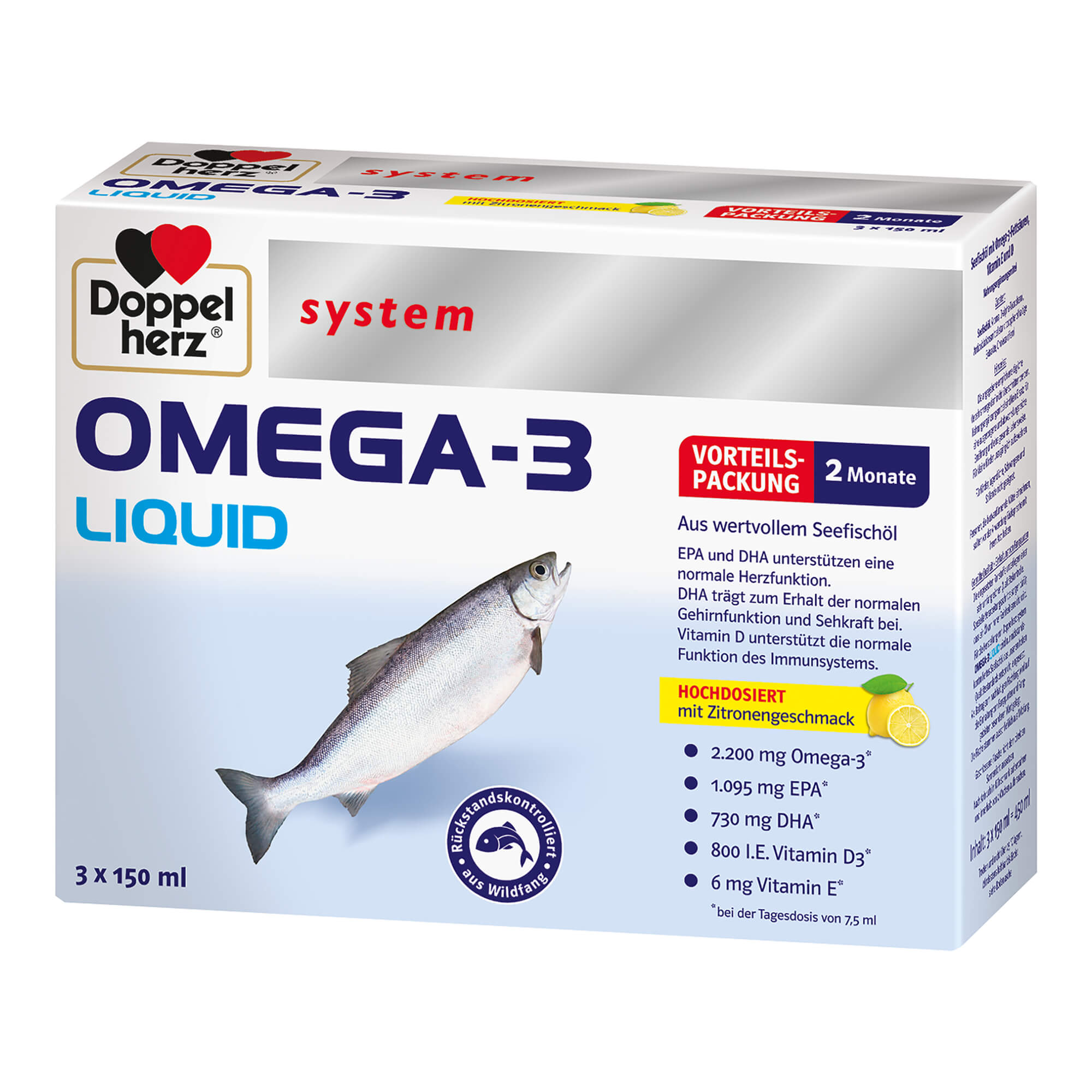 Nahrungsergänzungsmittel aus wertvollem Seefischöl mit Omega-3-Fettsäuren für Herz, Gehirn und Augen plus Vitamin E und D. Mit Zitronengeschmack.