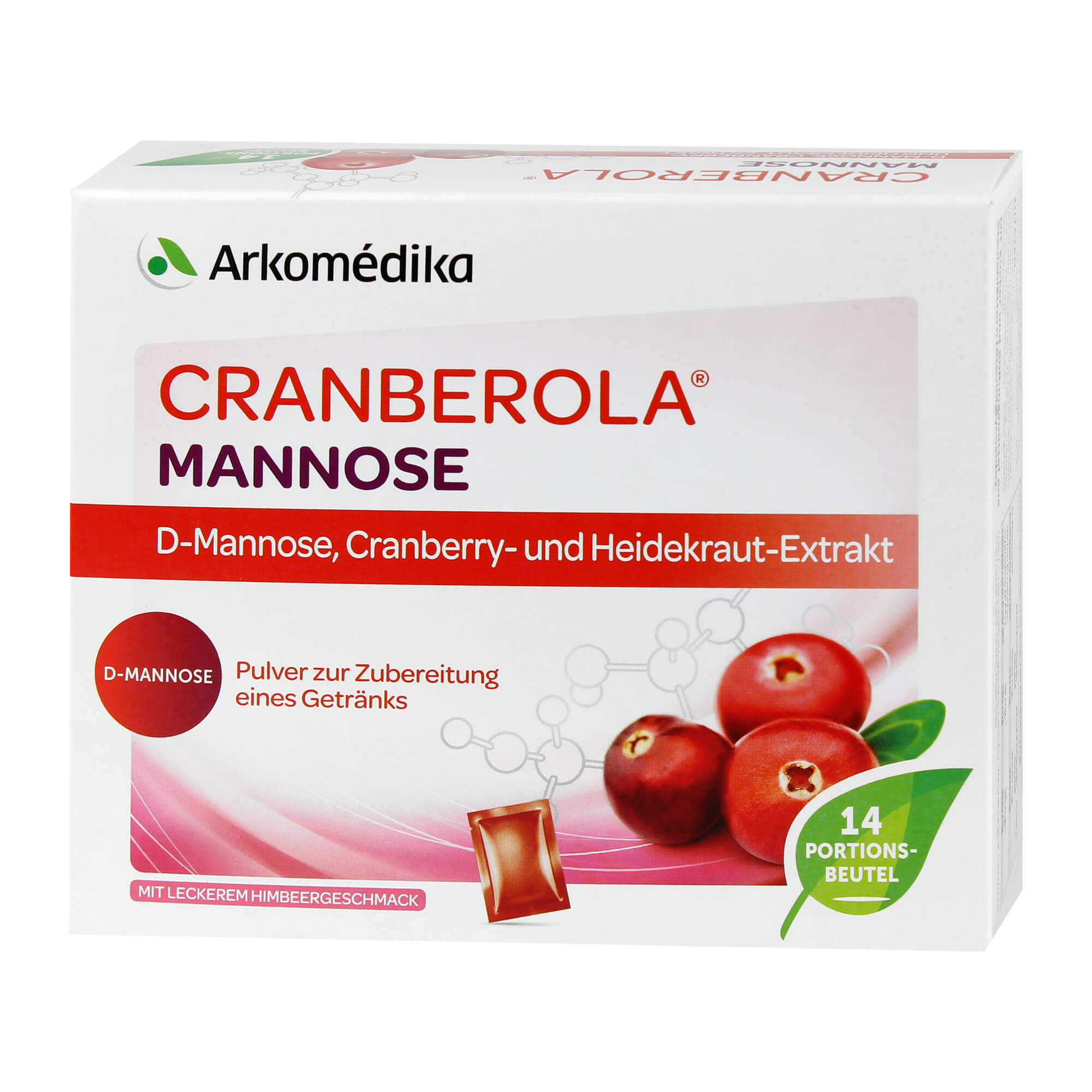 Nahrungsergänzungsmittel mit D-Mannose, Cranberry-und Heidekraut-Extrakt. Mit Zucker und Süßungsmittel.