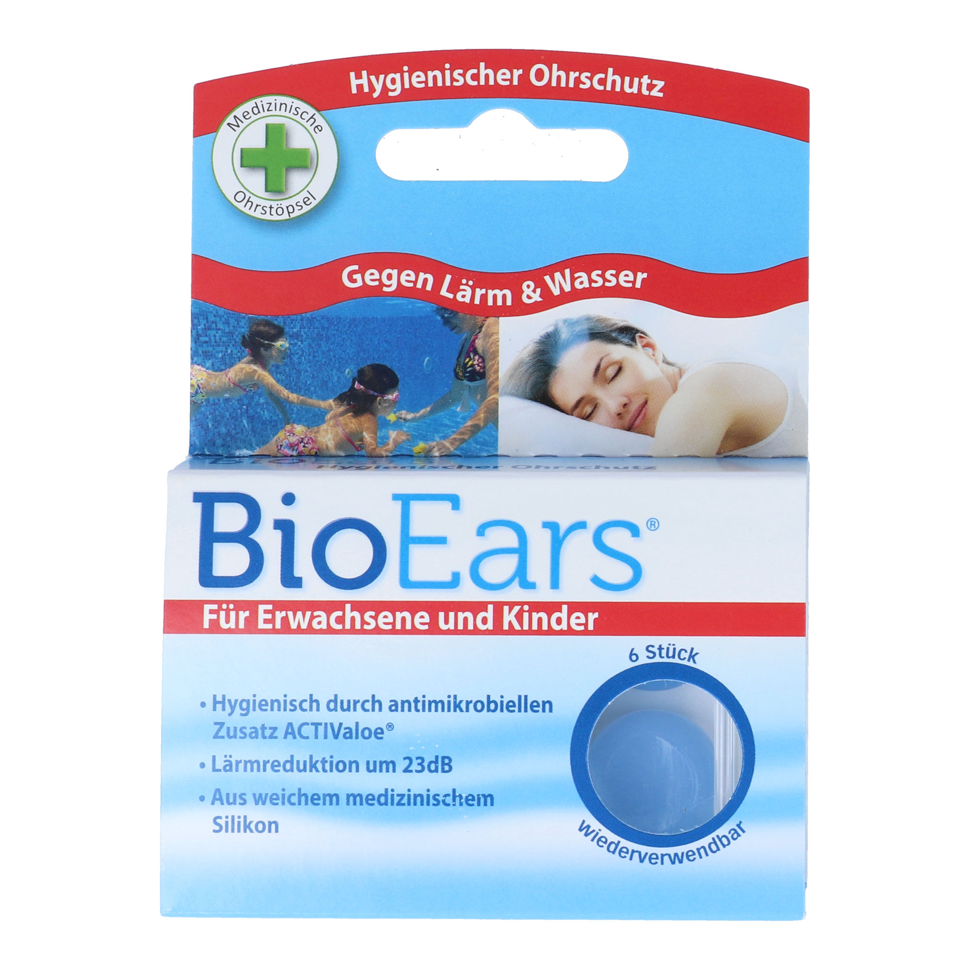Hygienischer Ohrschutz gegen Wasser. Aus weichem medizinischem Silikon.