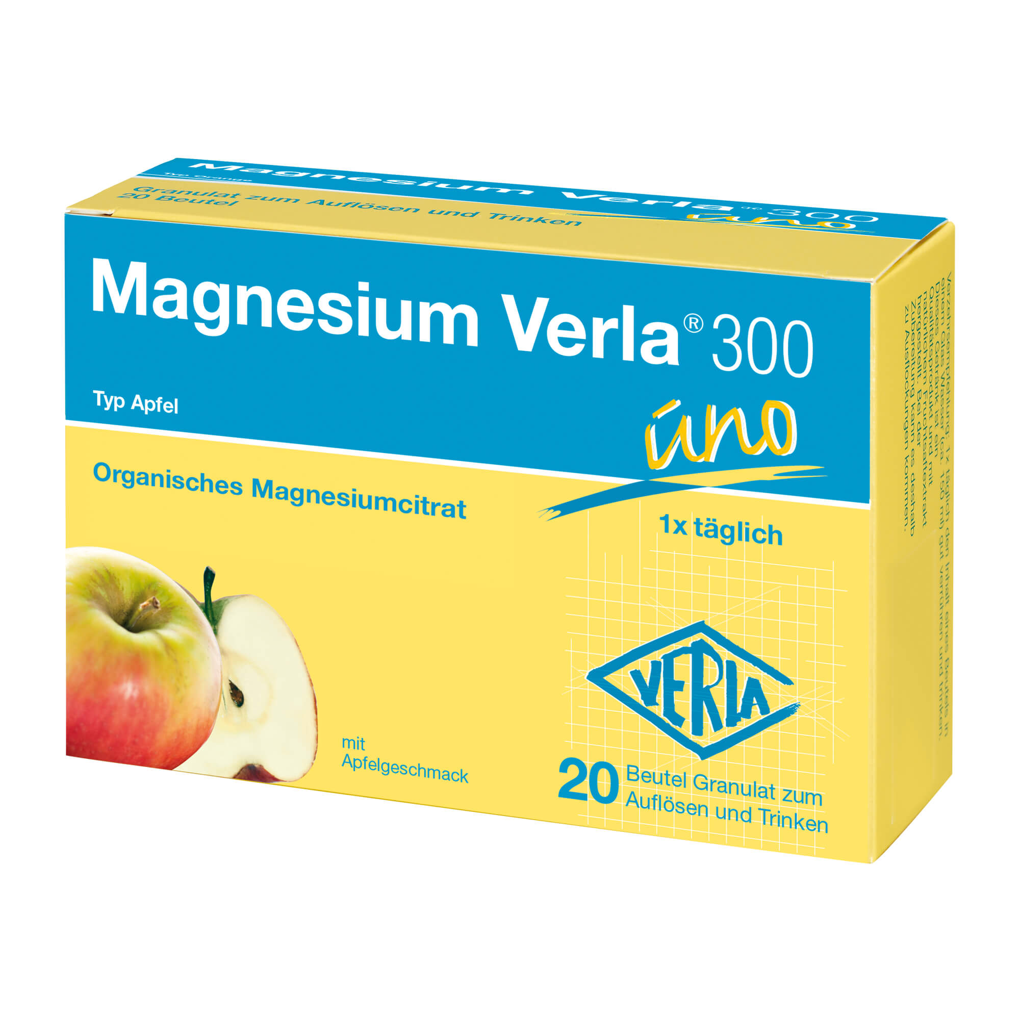 Nahrungsergänzungsmittel mit hochdosiertem Magnesium. Trinkgranulat mit Apfelgeschmack.