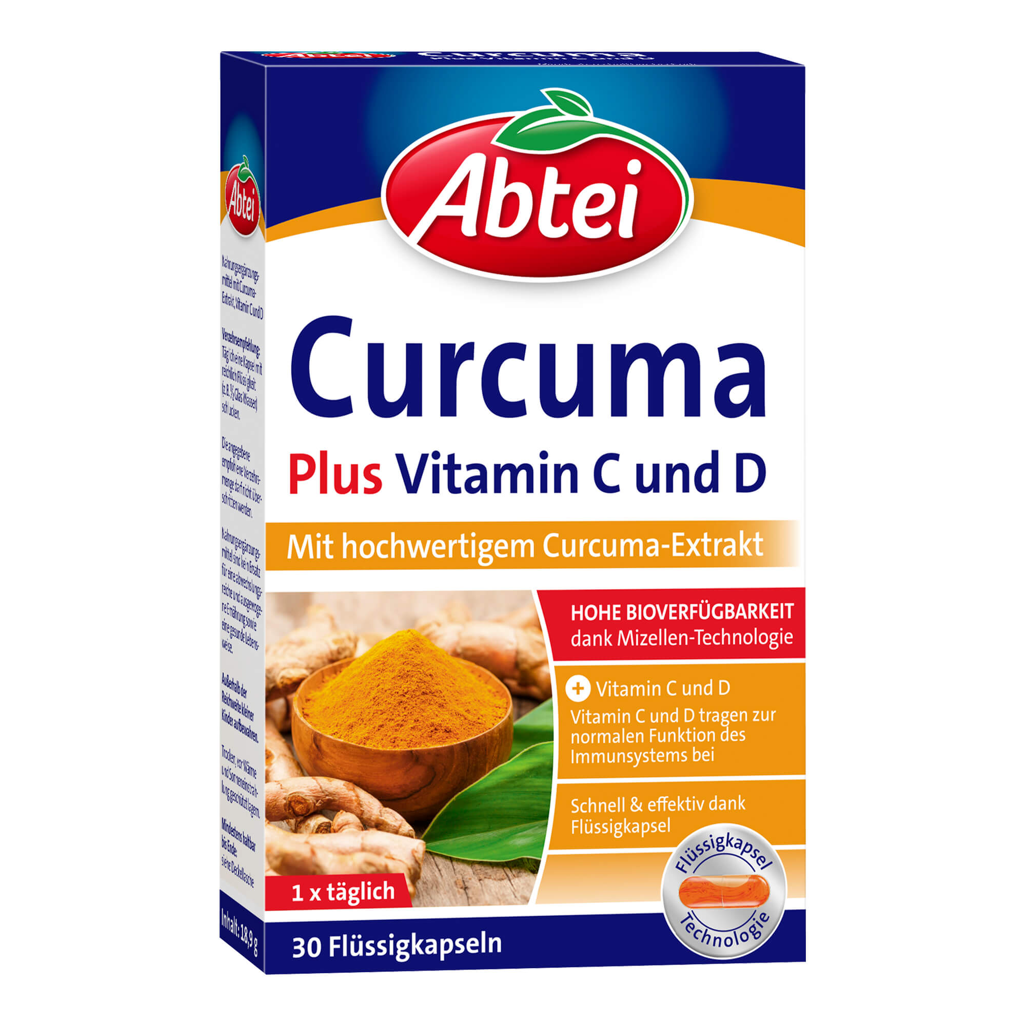 Nahrungsergänzungsmittel mit Kurkuma-Extrakt, Vitamin C und D.
