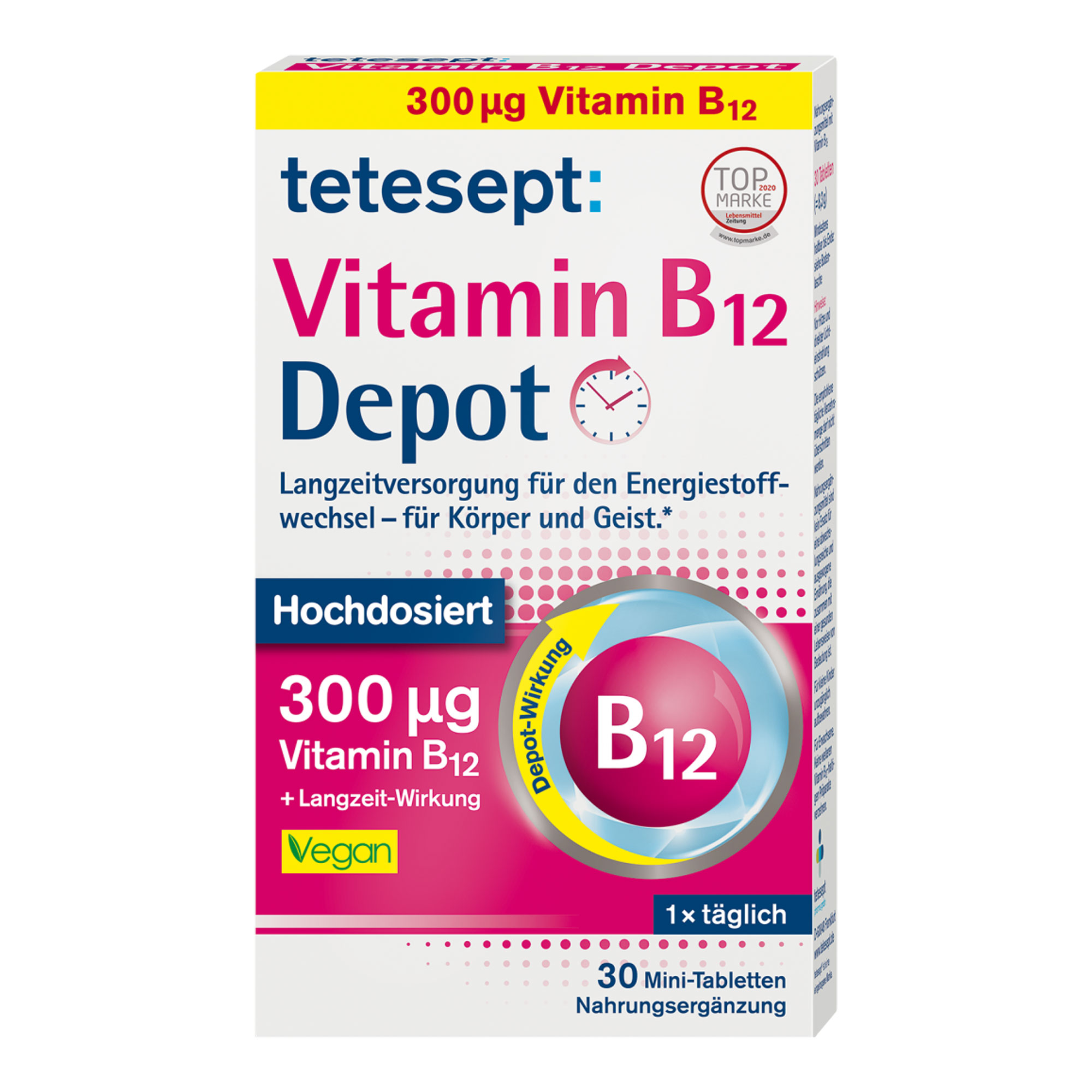 Nahrungsergänzungsmittel mit Vitamin B12. Hochdosiert in der Depot-Tablette.