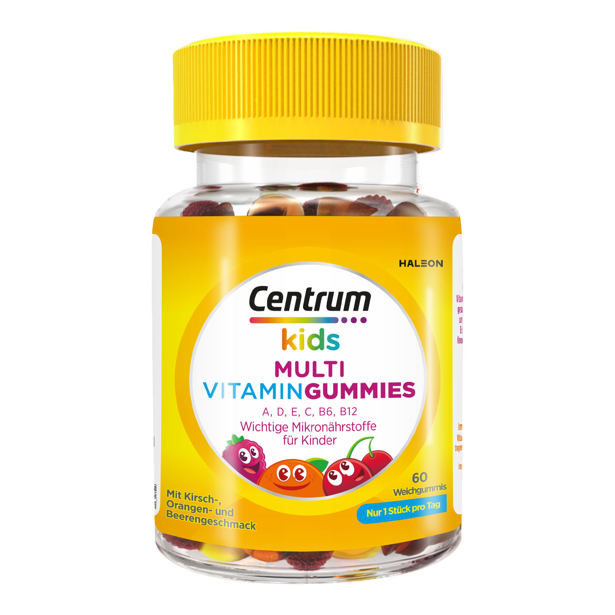Nahrungsergänzungsmittel mit 8 Vitaminen und 2 essentiellen Mineralstoffen in Form von Gummibärchen. Für Kinder ab 4 Jahren. Mit Kirsch-, Orangen- und Beerengeschmack.